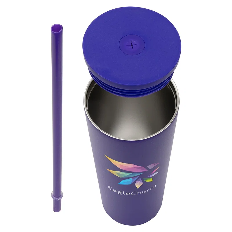 Angled view of the branded Bradford 24 oz Vacuum Insulated Tumbler
