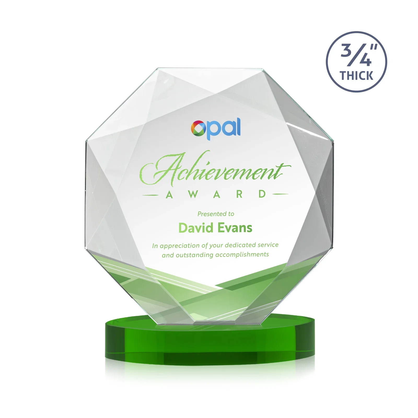 Custom printed Starfire Crystal Octagon Award with Diamond Bevel Pattern for corporate award ceremonies