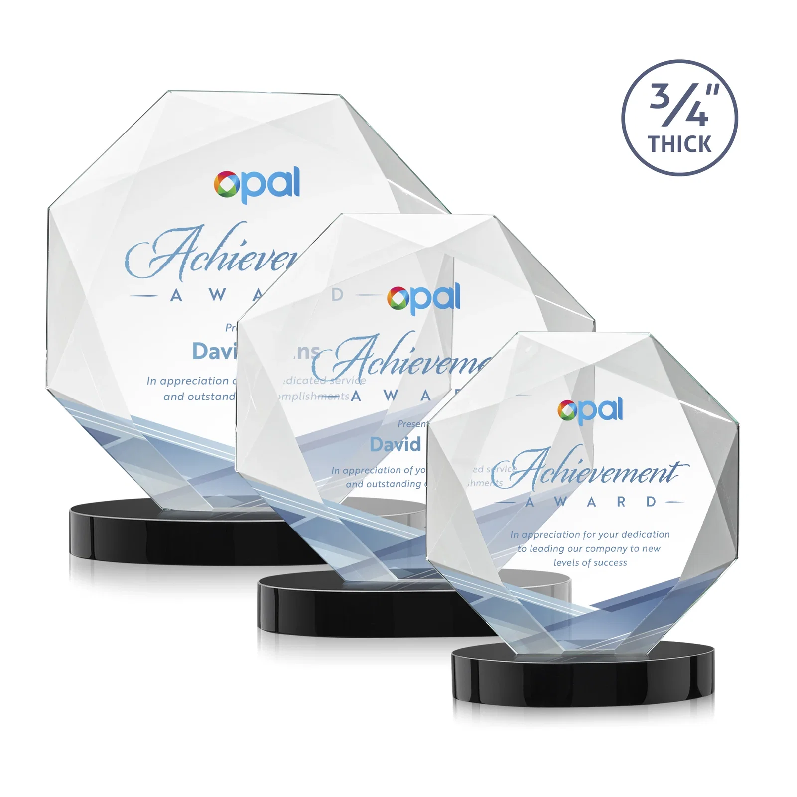 Custom printed Starfire Crystal Octagon Award with Diamond Bevel Pattern for retirement presentations