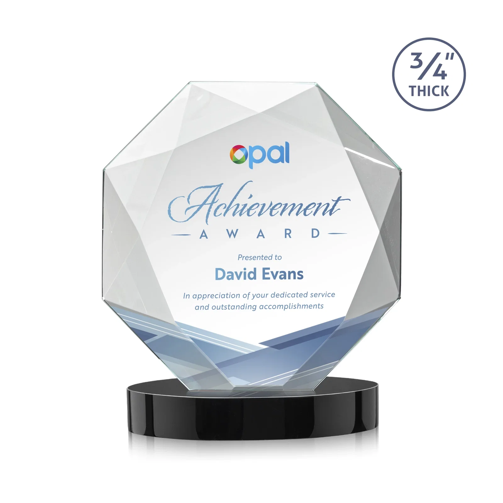 Custom printed Starfire Crystal Octagon Award with Diamond Bevel Pattern for team milestone celebrations