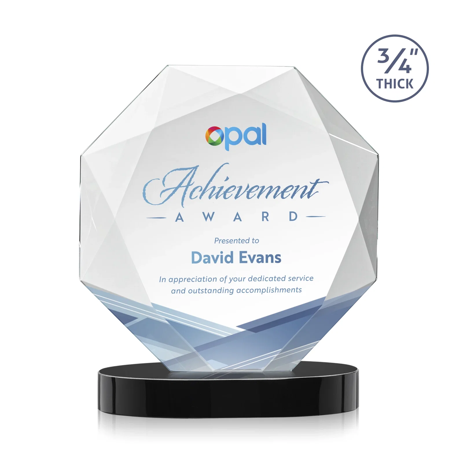 Custom printed Starfire Crystal Octagon Award with Diamond Bevel Pattern for donor appreciation