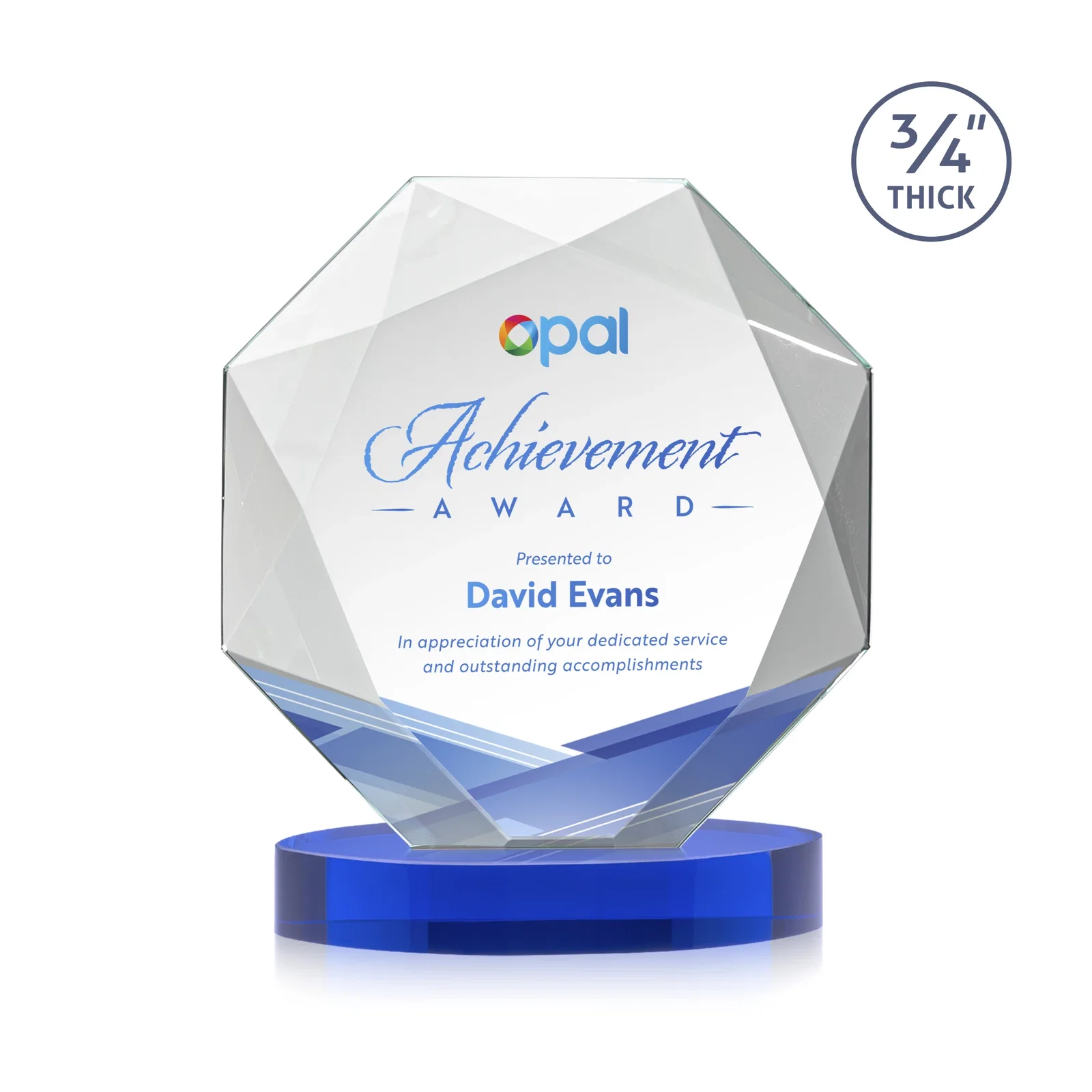 Custom printed Starfire Crystal Octagon Award with Diamond Bevel Pattern for volunteer appreciation