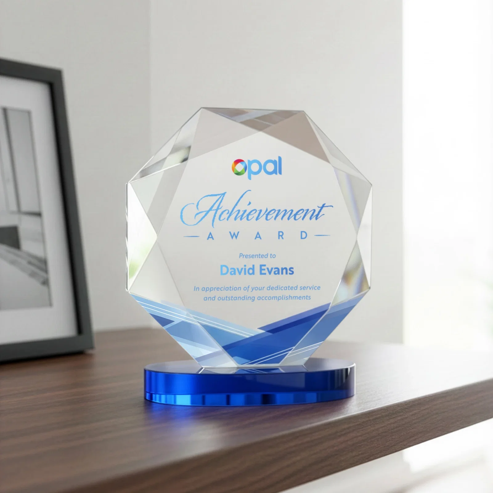 Customized Starfire Crystal Octagon Award with Diamond Bevel Pattern for employee recognition