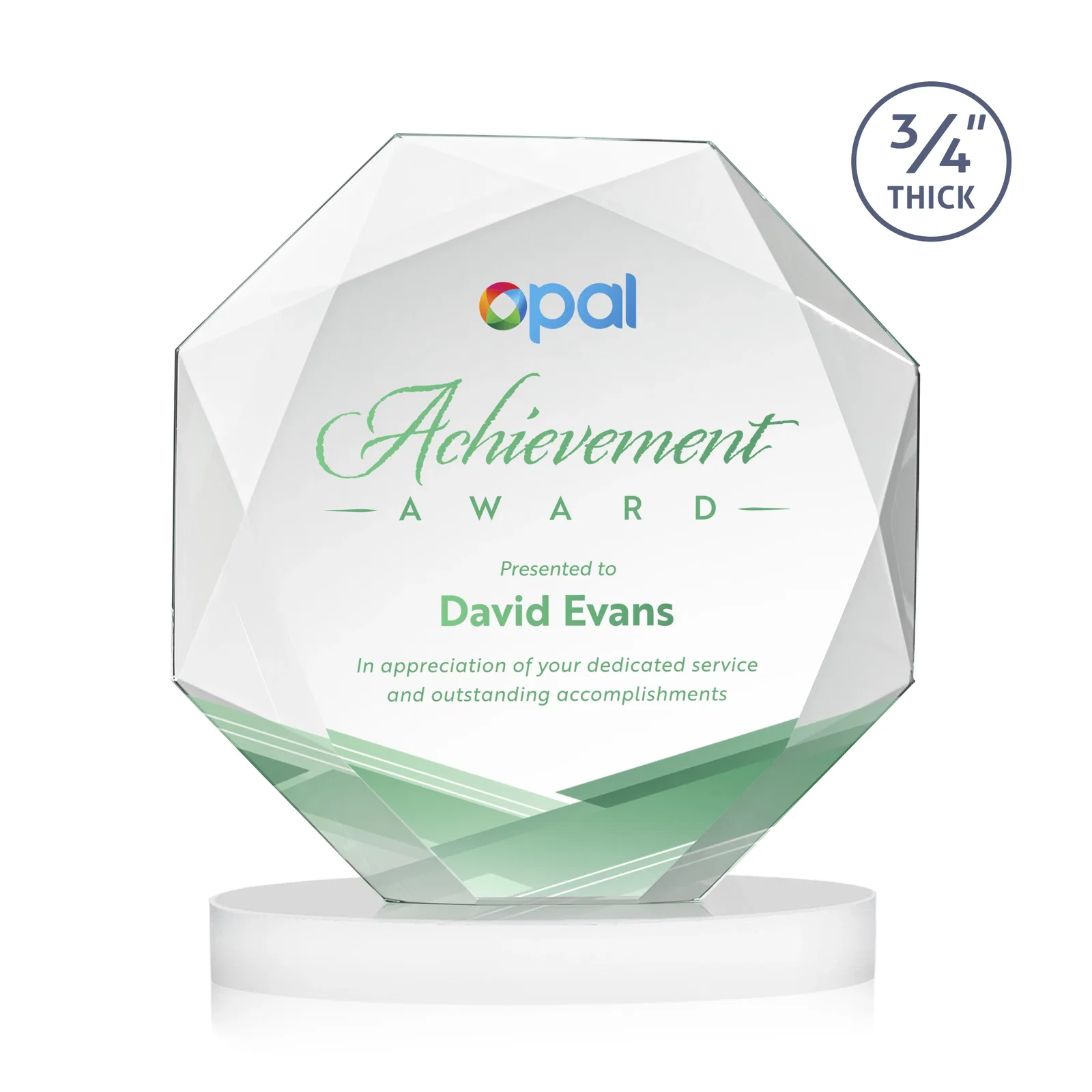 Custom engraved Starfire Crystal Octagon Award with Diamond Bevel Pattern for employee recognition