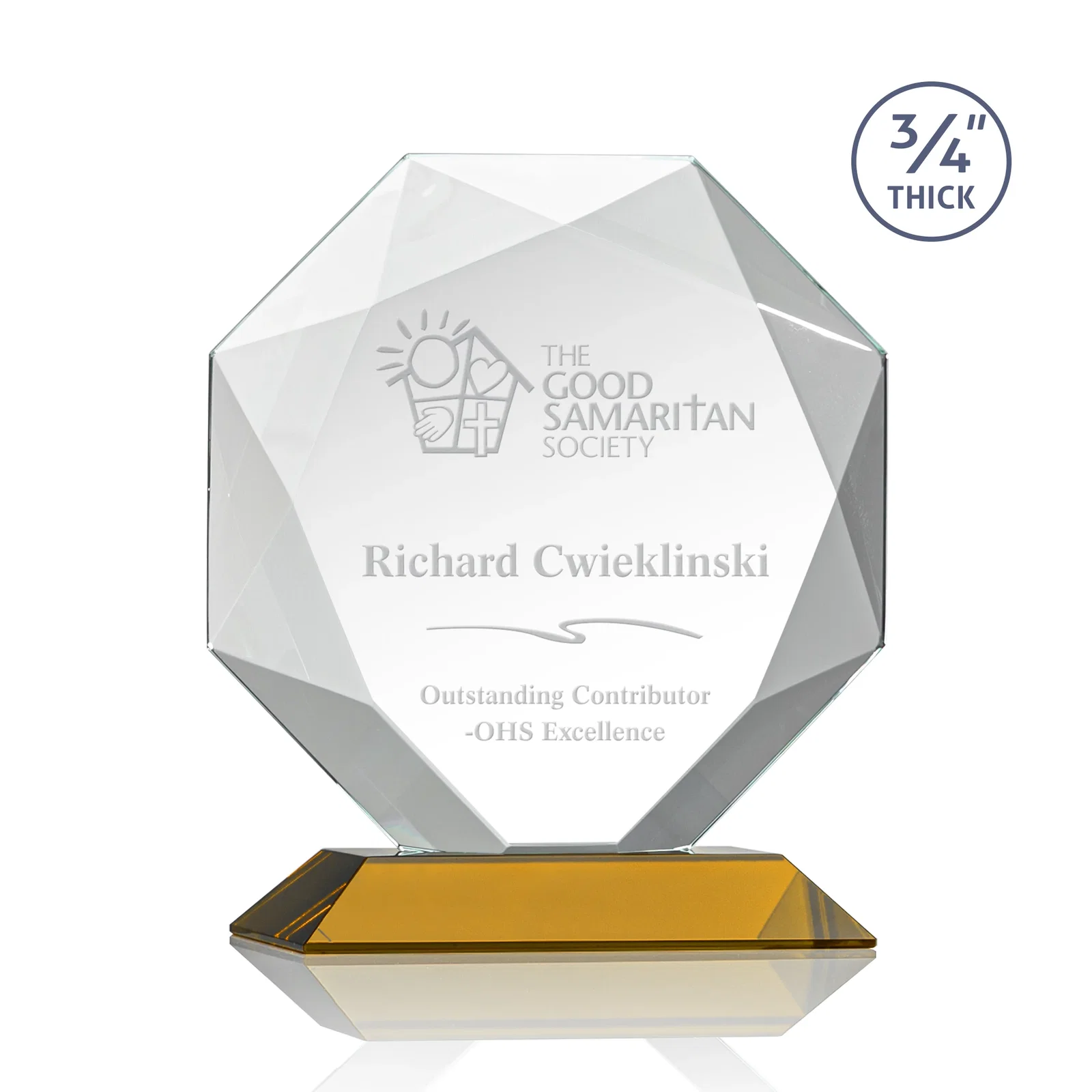 Custom Starfire Crystal Octagon Award With Recessed Diamond-Pattern Bevels for volunteer appreciation
