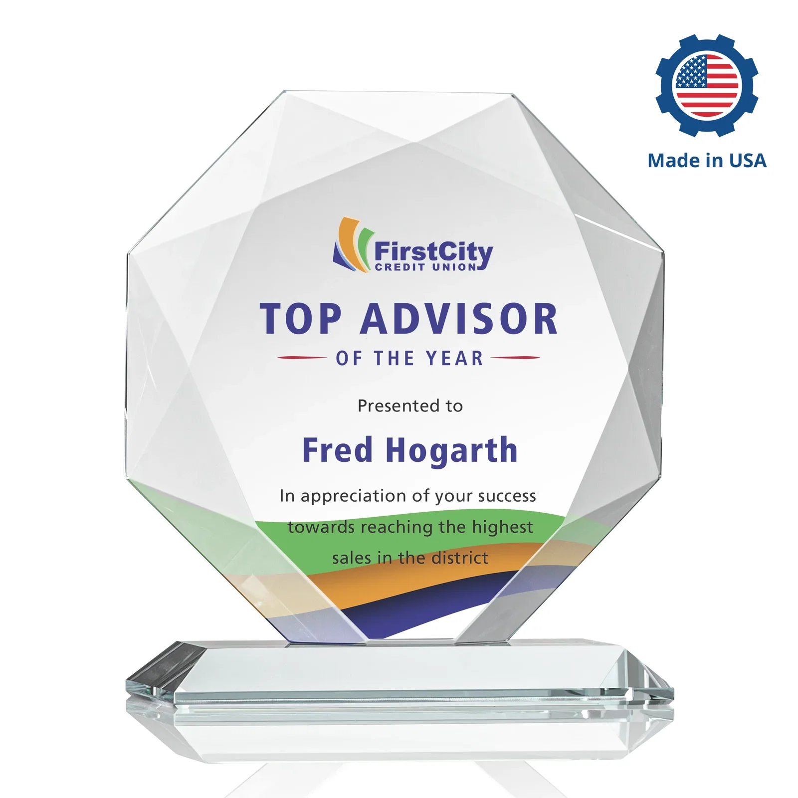 Personalized Starfire Crystal Octagon Award With Recessed Diamond-Pattern Bevels, with your logo for sales achievement awards