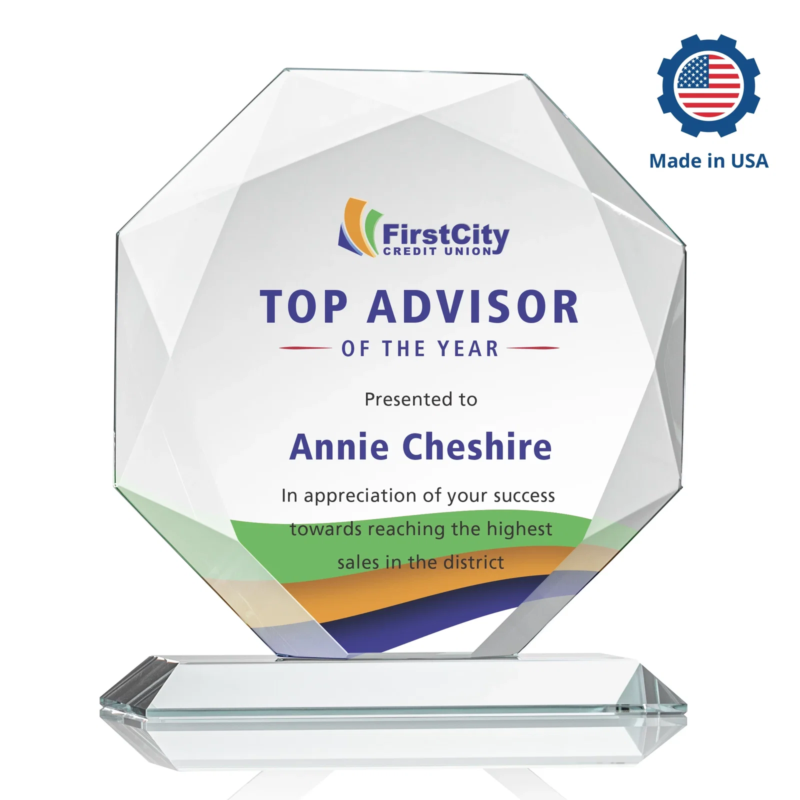 Personalized Starfire Crystal Octagon Award With Recessed Diamond-Pattern Bevels, with your logo for retirement presentations