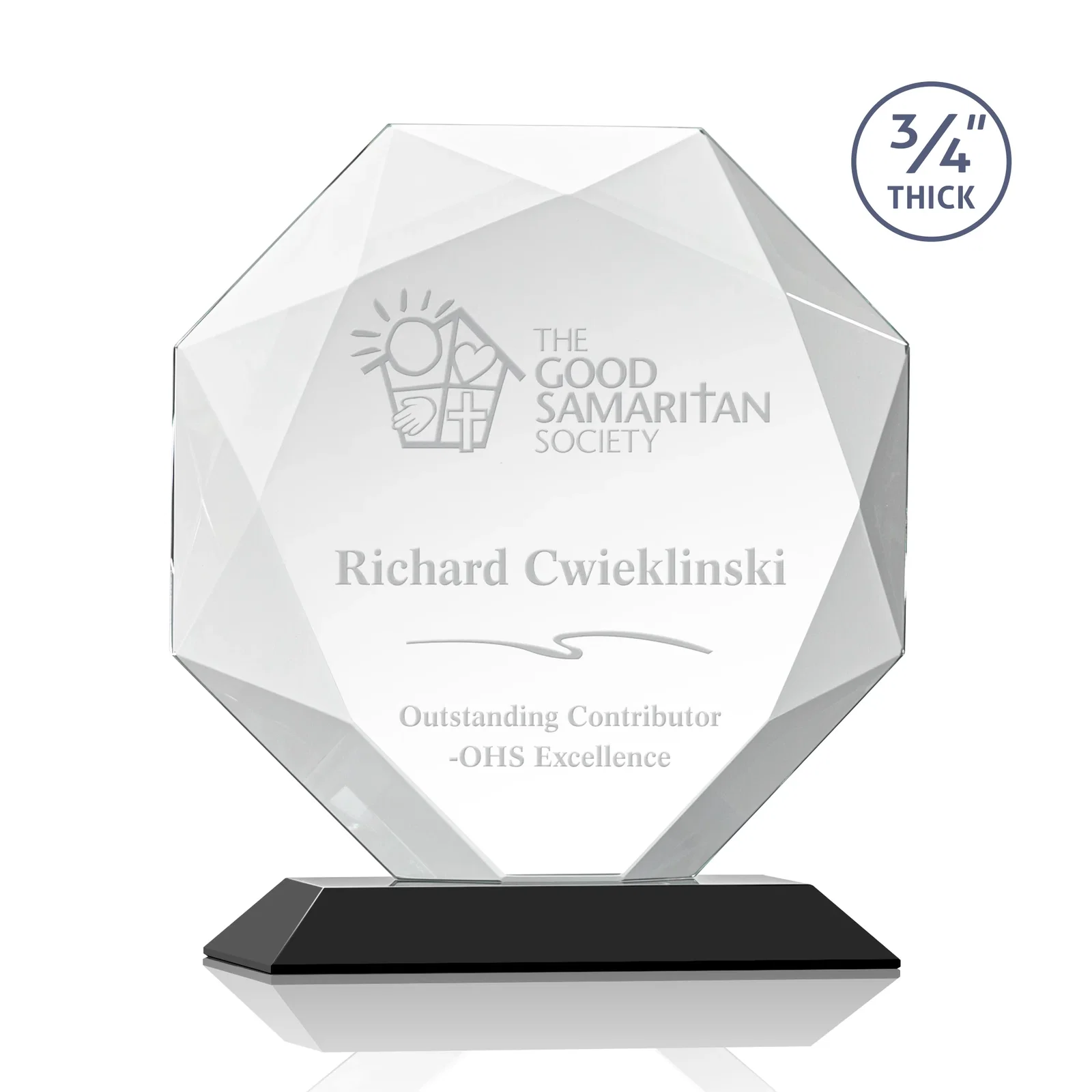 Personalized Starfire Crystal Octagon Award With Recessed Diamond-Pattern Bevels for donor appreciation