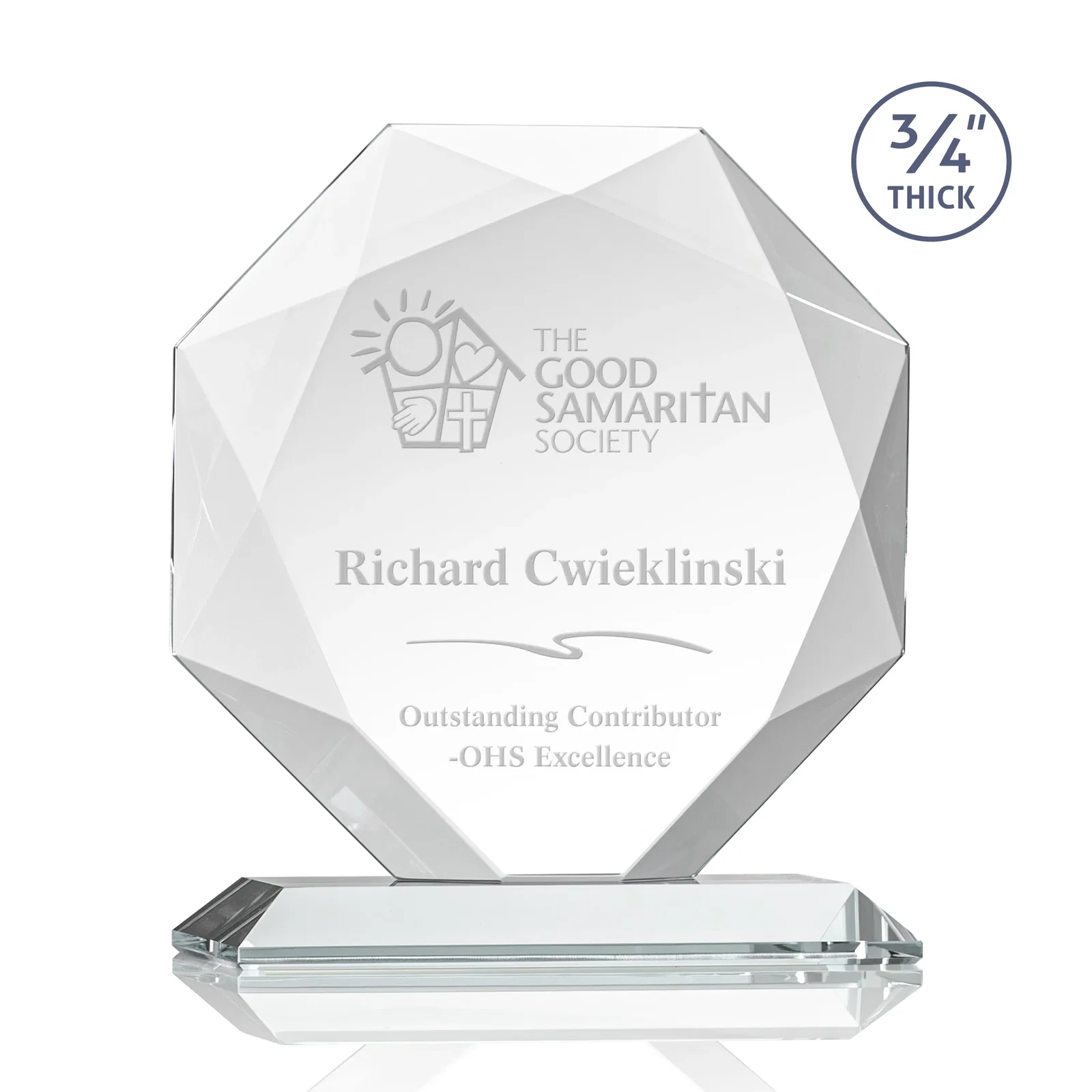Custom Starfire Crystal Octagon Award With Recessed Diamond-Pattern Bevels for service anniversary gifts