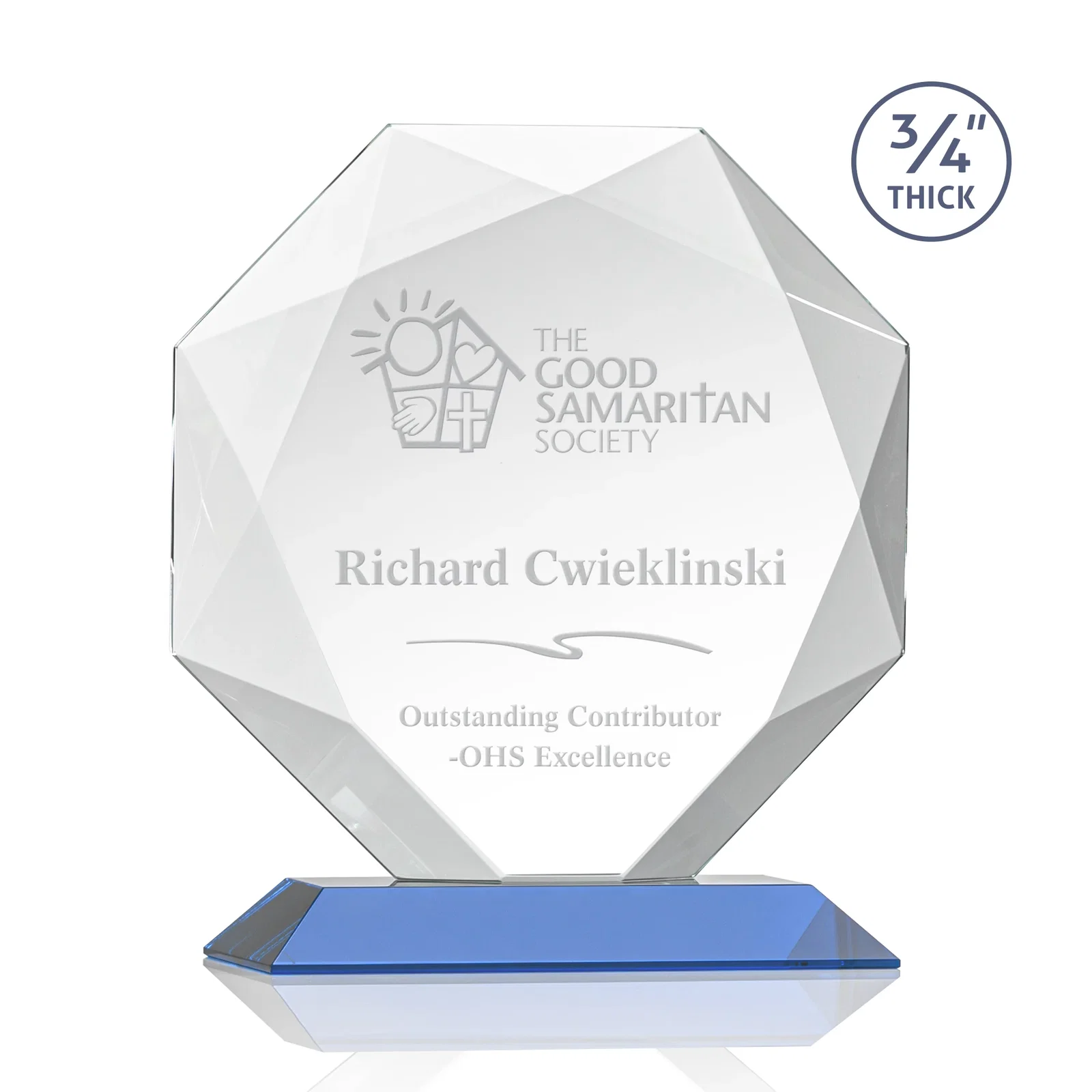 Promotional Starfire Crystal Octagon Award With Recessed Diamond-Pattern Bevels for donor appreciation