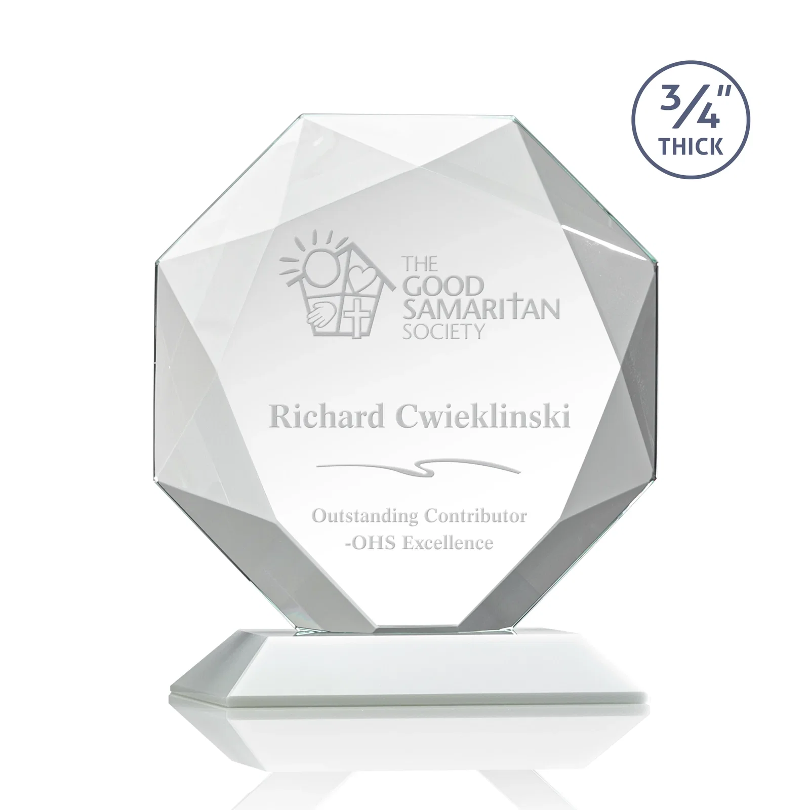 Promotional Starfire Crystal Octagon Award With Recessed Diamond-Pattern Bevels for volunteer appreciation