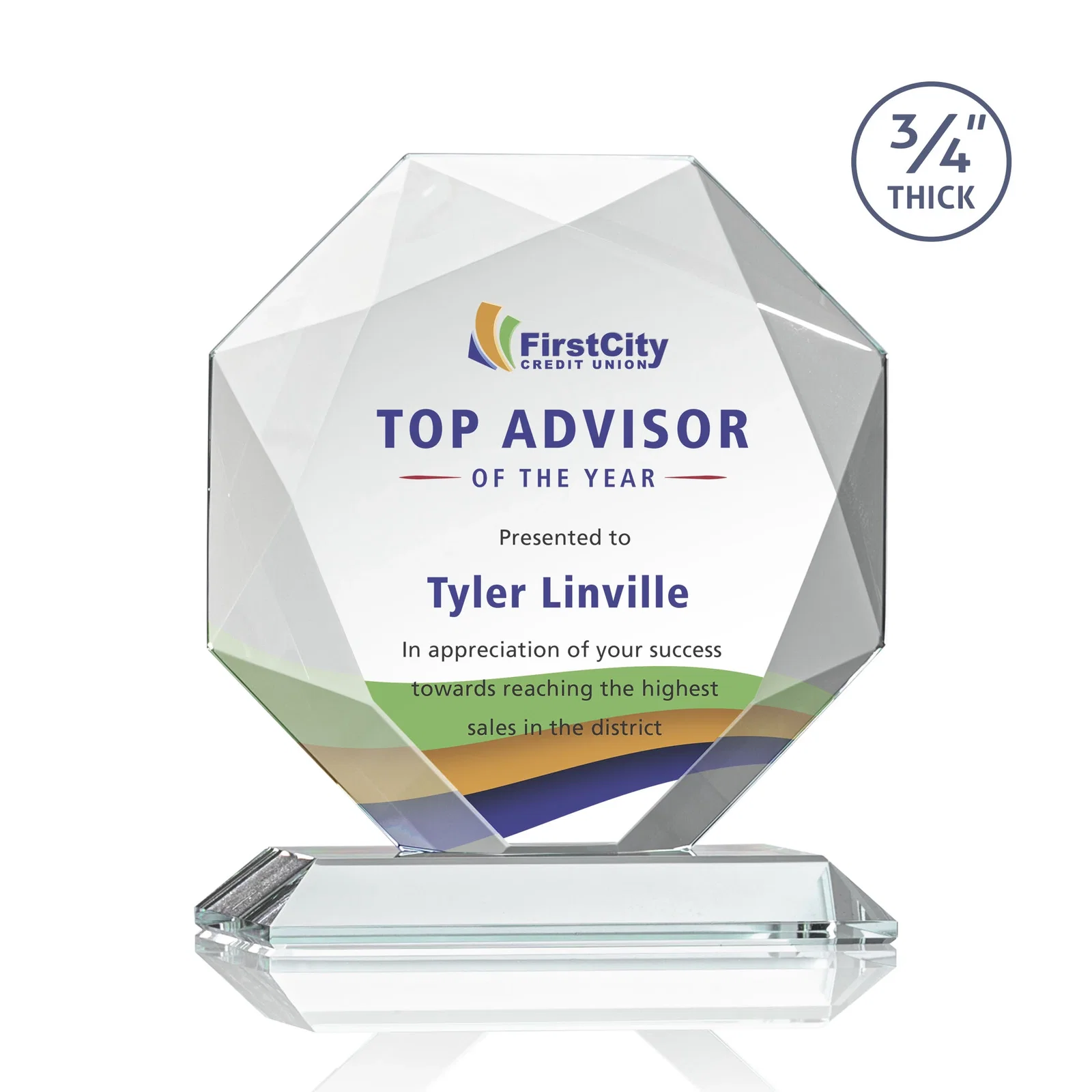 Branded Starfire Crystal Octagon Award With Recessed Diamond-Pattern Bevels for team milestone celebrations