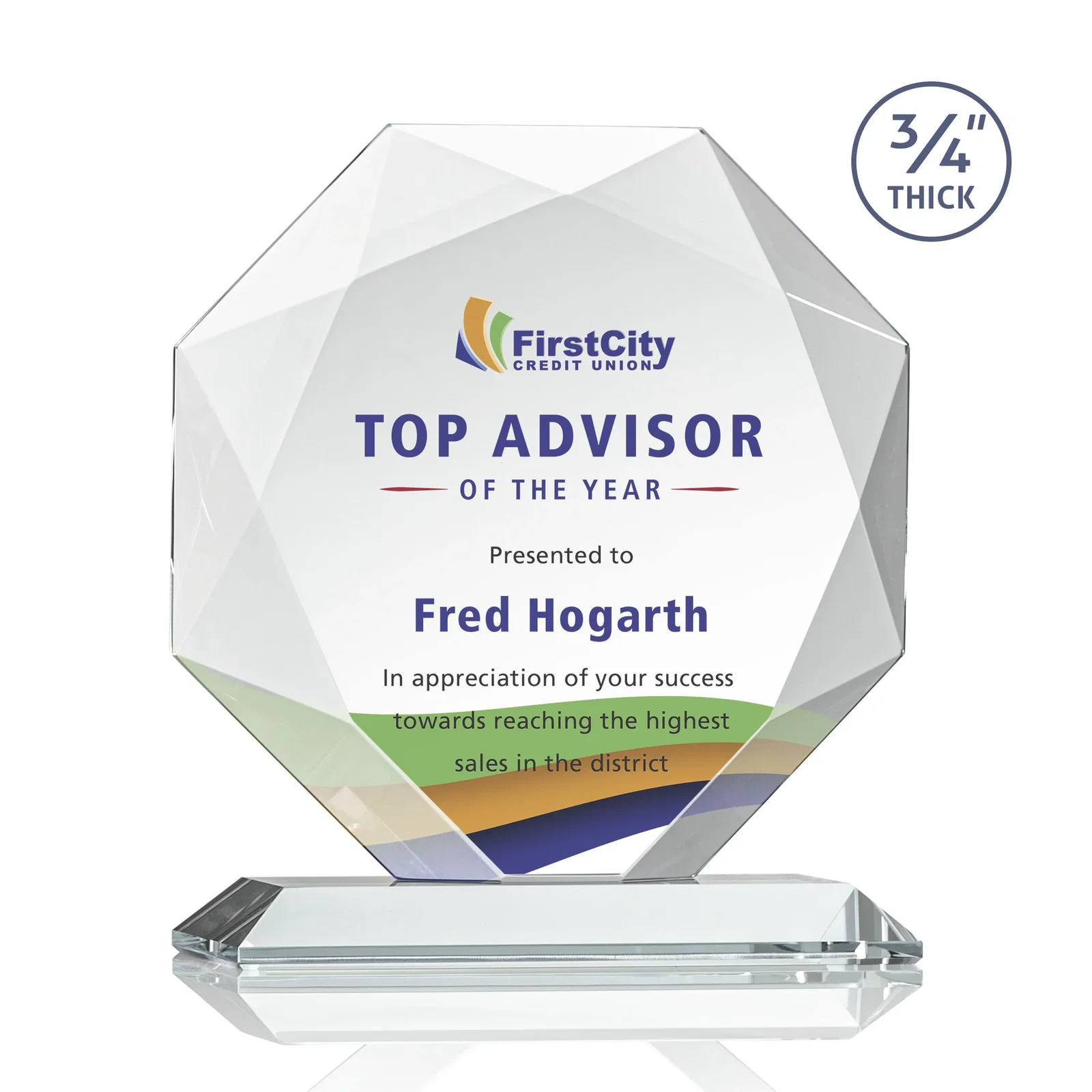 Branded Starfire Crystal Octagon Award With Recessed Diamond-Pattern Bevels for donor appreciation