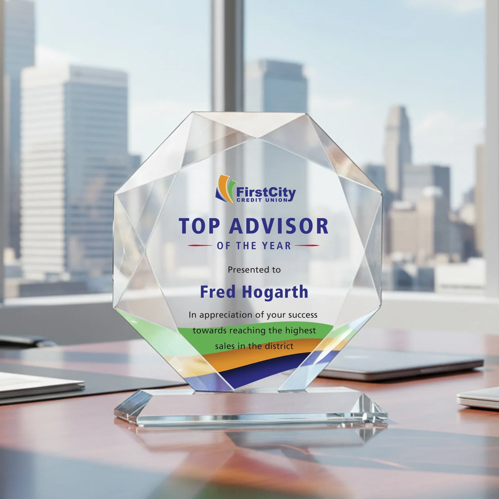 Branded Starfire Crystal Octagon Award With Recessed Diamond-Pattern Bevels for safety achievement programs