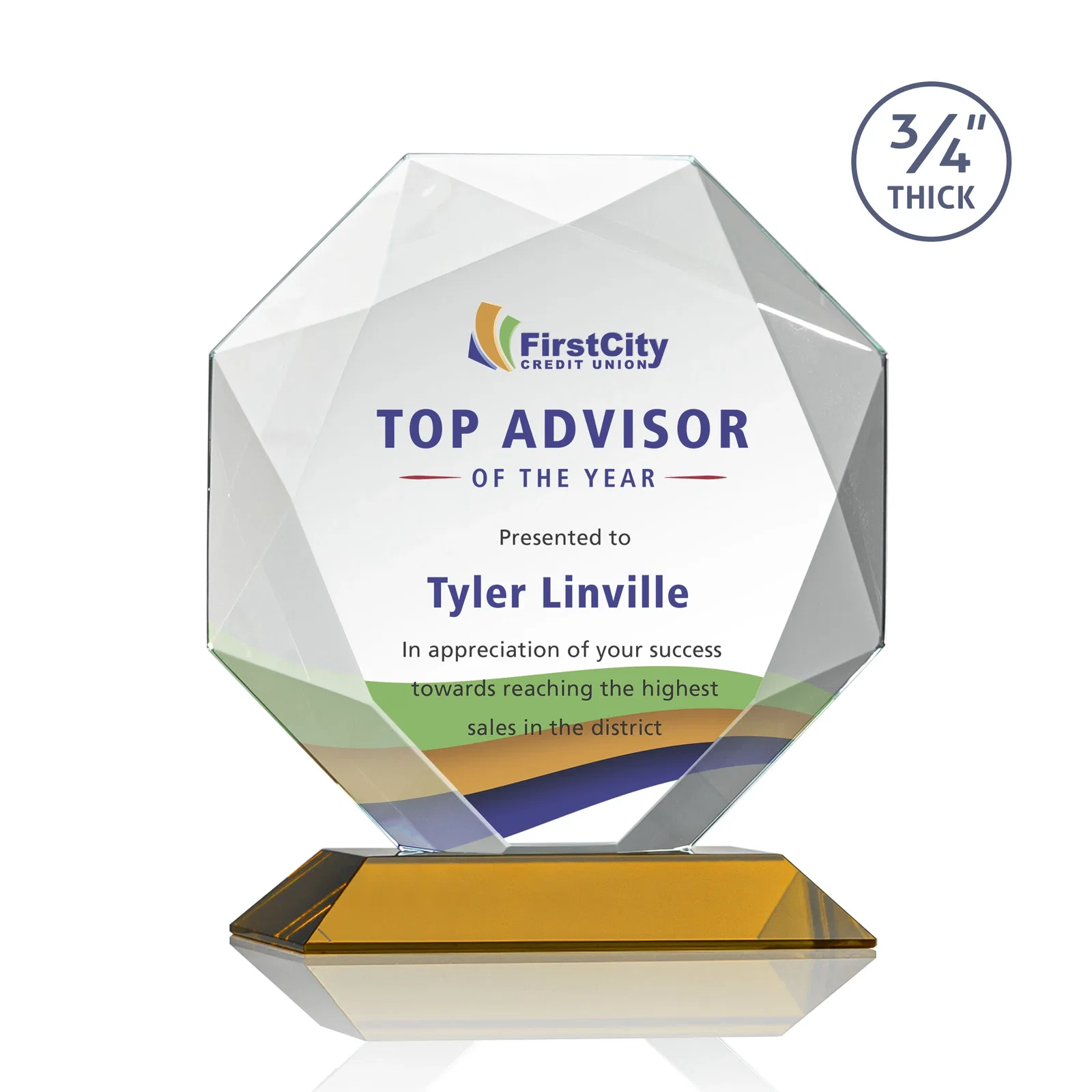 Branded Starfire Crystal Octagon Award With Recessed Diamond-Pattern Bevels for dealer and partner awards