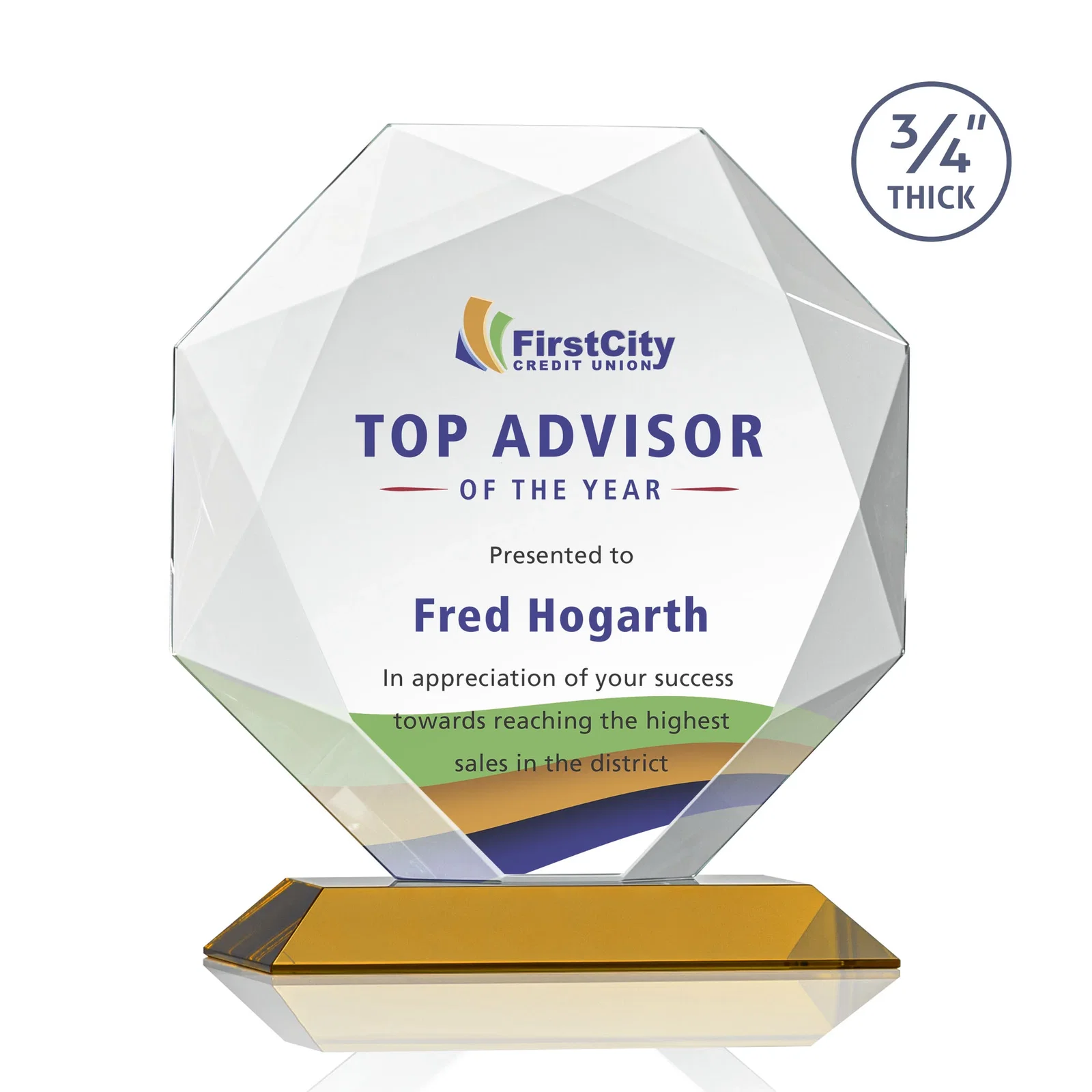Branded Starfire Crystal Octagon Award With Recessed Diamond-Pattern Bevels for company anniversary events