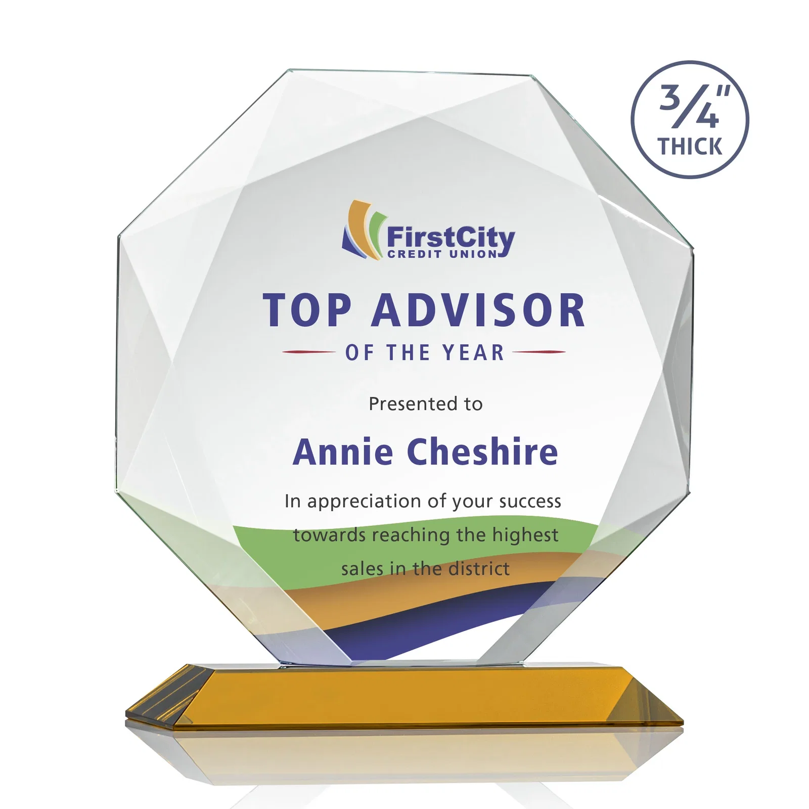 Custom printed Starfire Crystal Octagon Award With Recessed Diamond-Pattern Bevels for employee recognition
