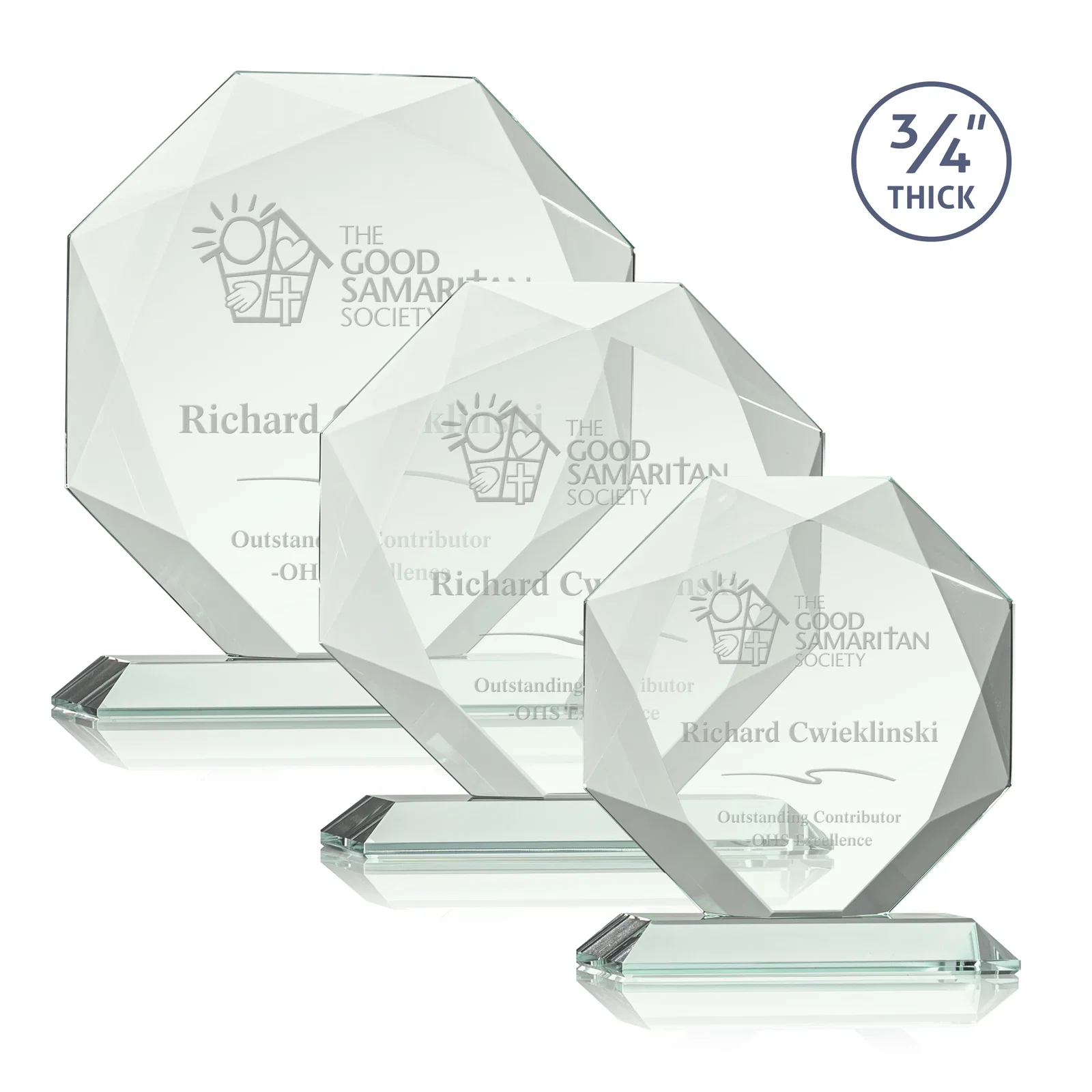 Custom Starfire Crystal Octagon Award With Recessed Diamond-Pattern Bevels for retirement presentations