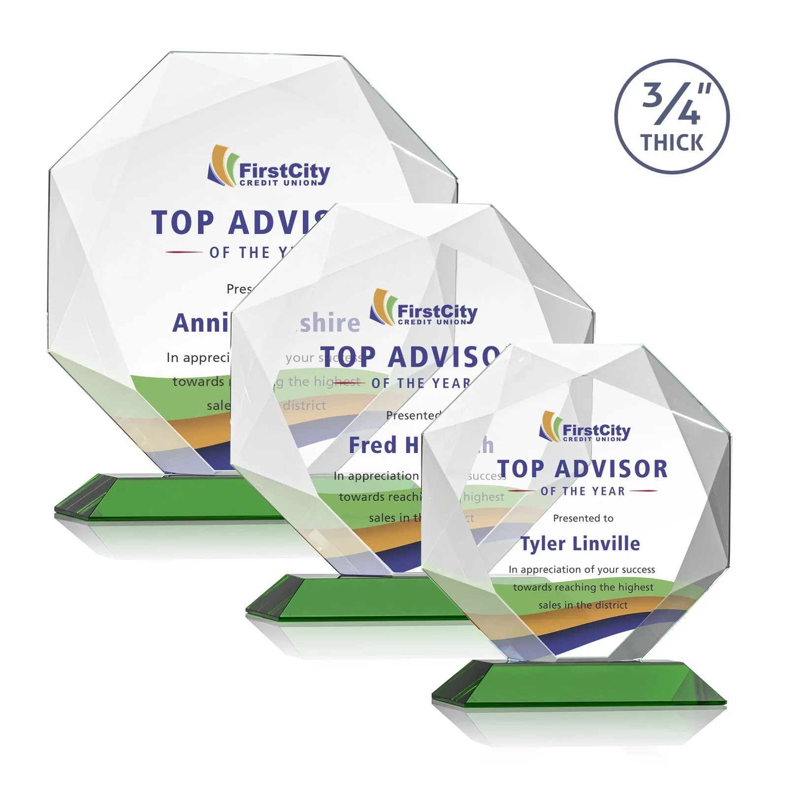 Custom printed Starfire Crystal Octagon Award With Recessed Diamond-Pattern Bevels for corporate award ceremonies