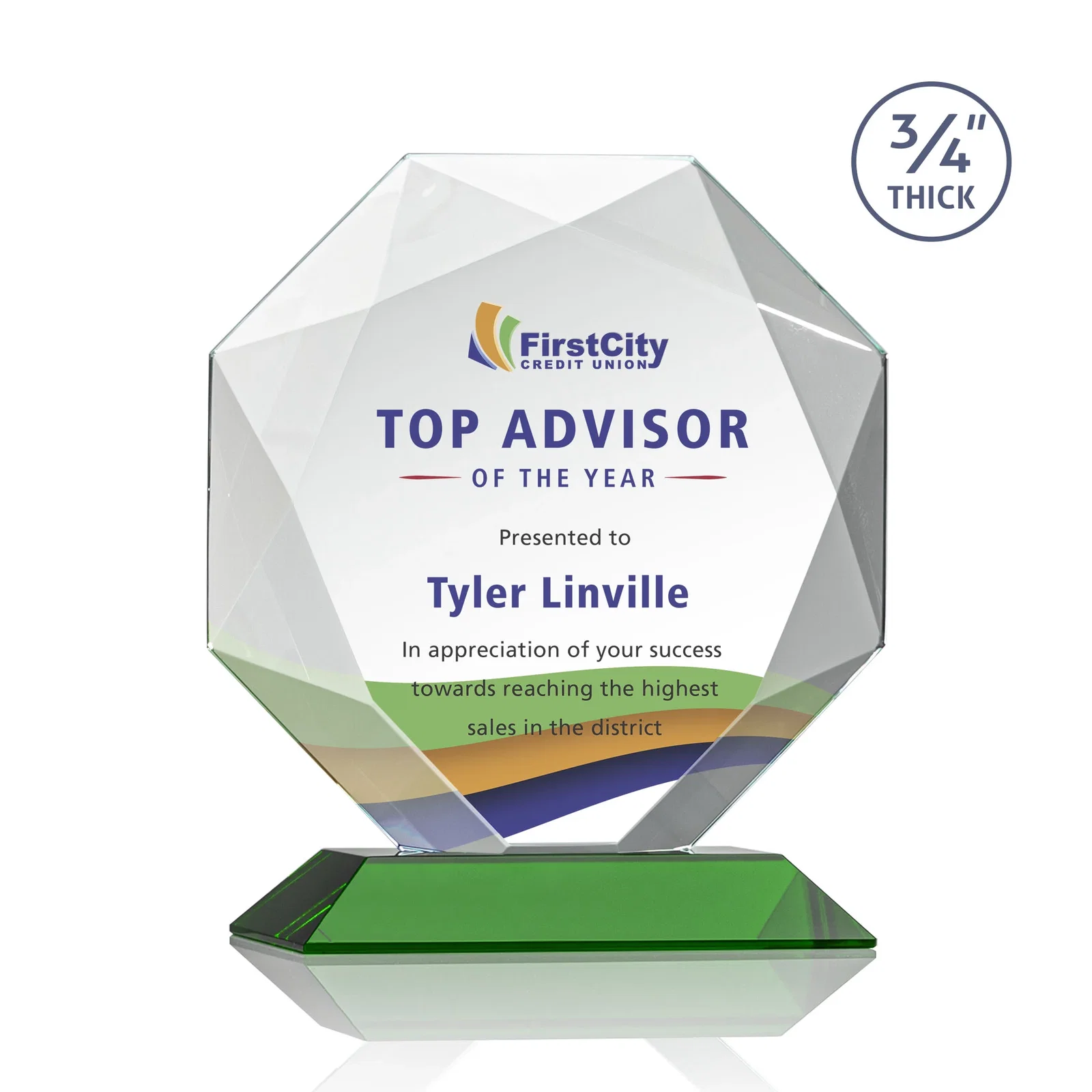 Custom printed Starfire Crystal Octagon Award With Recessed Diamond-Pattern Bevels for service anniversary gifts