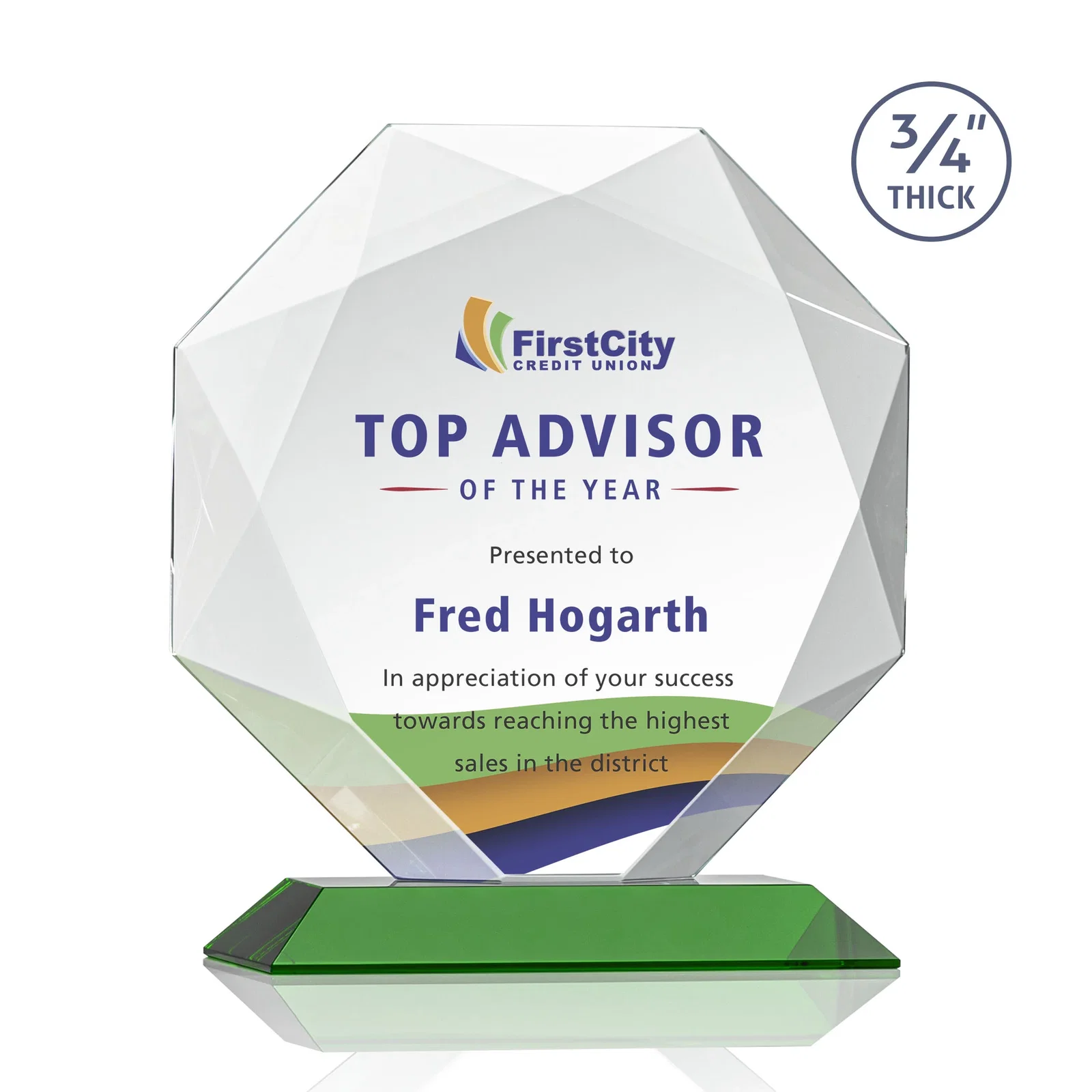 Custom printed Starfire Crystal Octagon Award With Recessed Diamond-Pattern Bevels for sales achievement awards