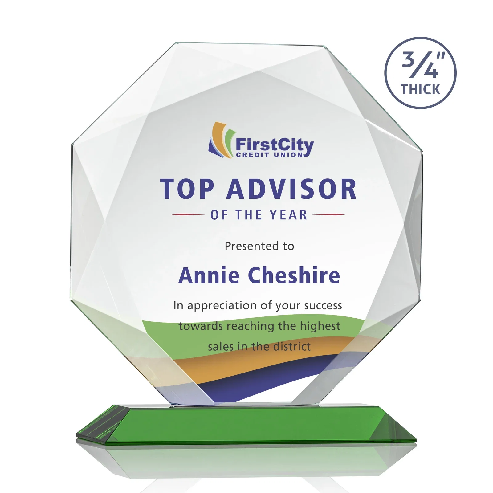 Custom printed Starfire Crystal Octagon Award With Recessed Diamond-Pattern Bevels for retirement presentations