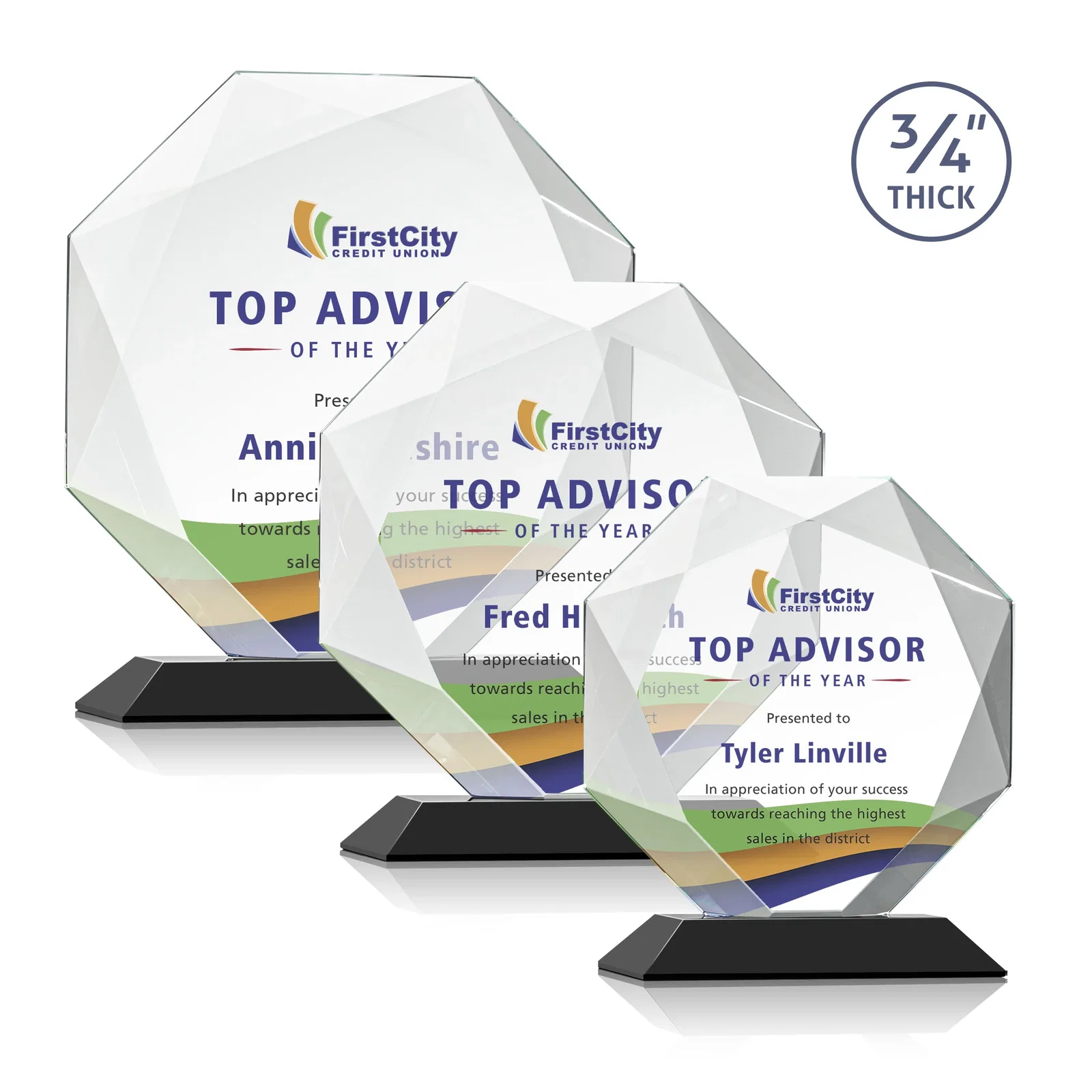 Custom printed Starfire Crystal Octagon Award With Recessed Diamond-Pattern Bevels for team milestone celebrations