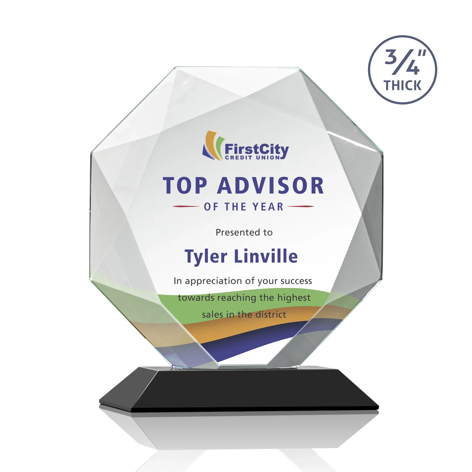 Custom printed Starfire Crystal Octagon Award With Recessed Diamond-Pattern Bevels for donor appreciation