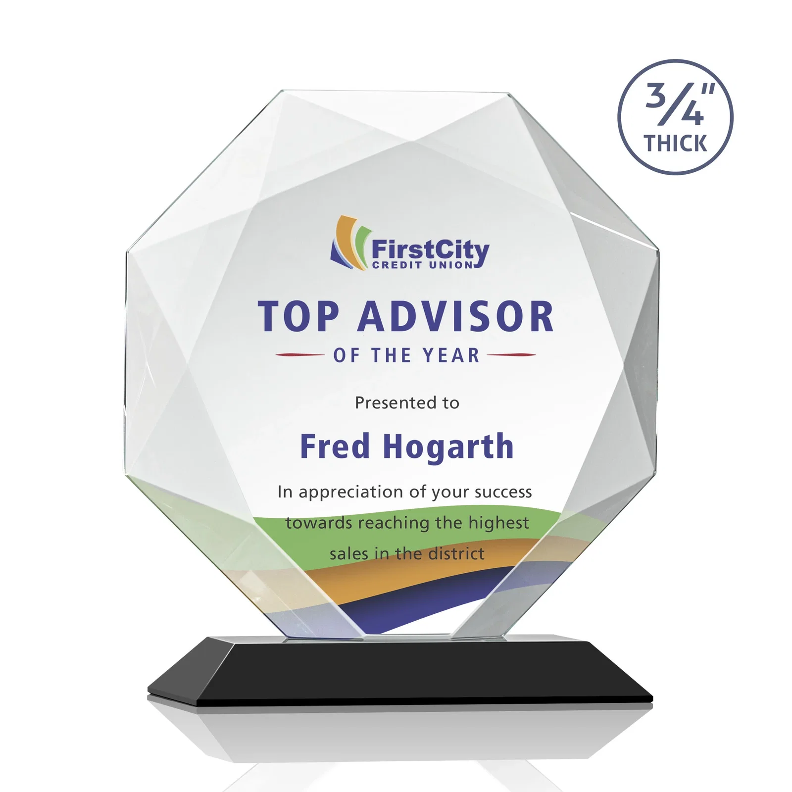 Custom printed Starfire Crystal Octagon Award With Recessed Diamond-Pattern Bevels for graduation ceremonies