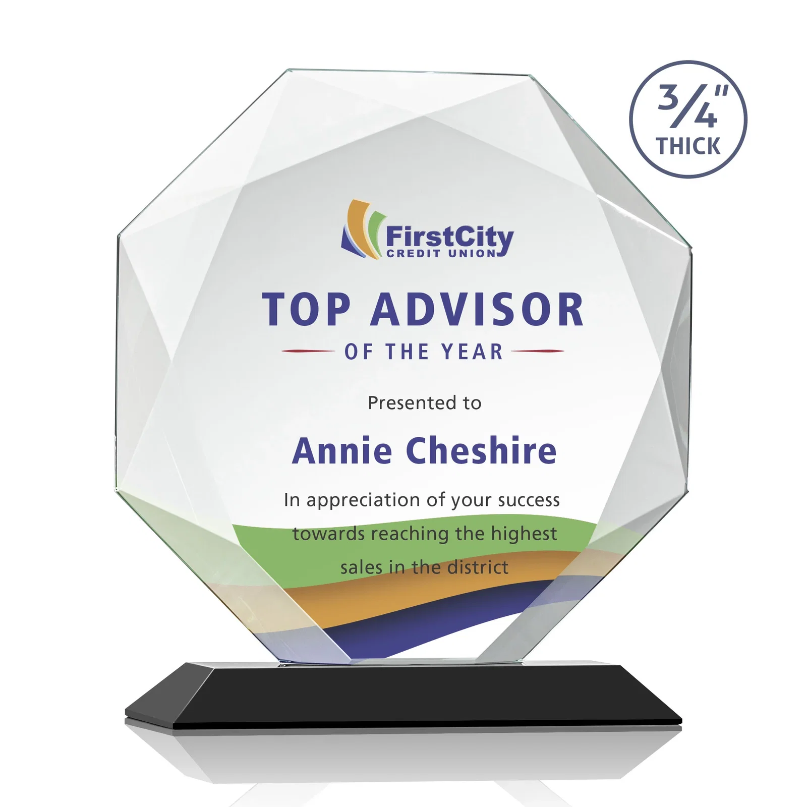 Custom printed Starfire Crystal Octagon Award With Recessed Diamond-Pattern Bevels for safety achievement programs
