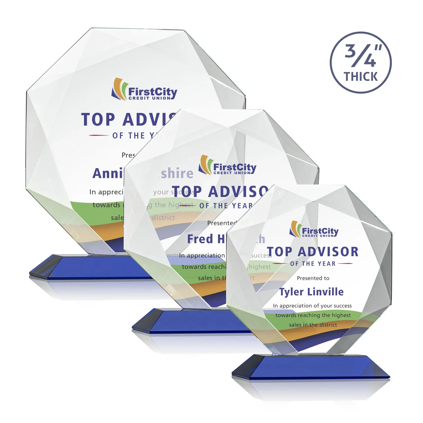 Custom printed Starfire Crystal Octagon Award With Recessed Diamond-Pattern Bevels for volunteer appreciation