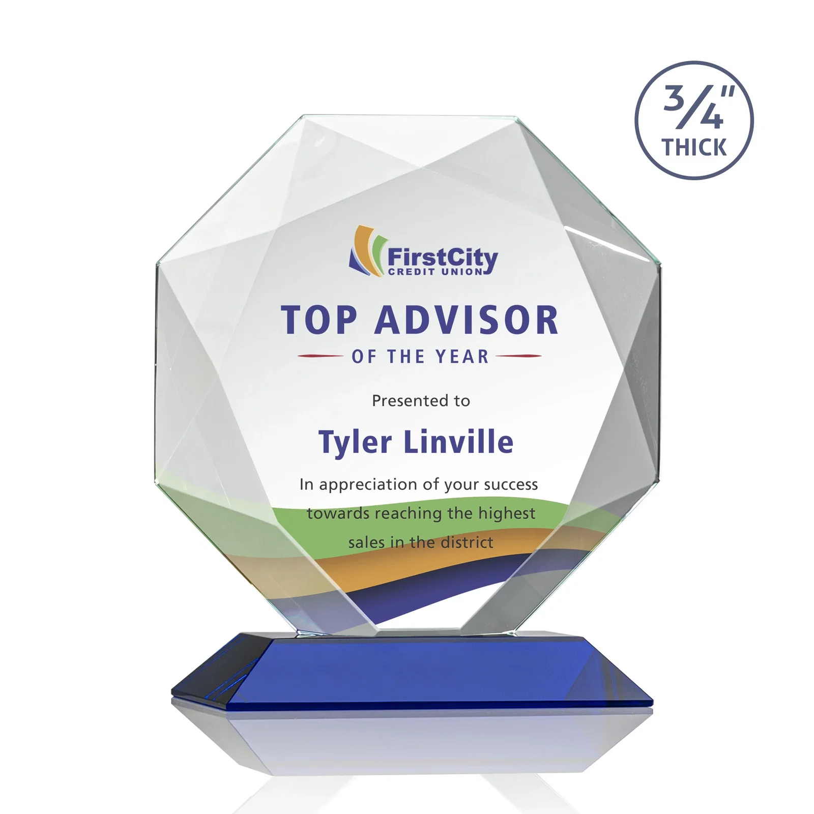 Custom printed Starfire Crystal Octagon Award With Recessed Diamond-Pattern Bevels for dealer and partner awards