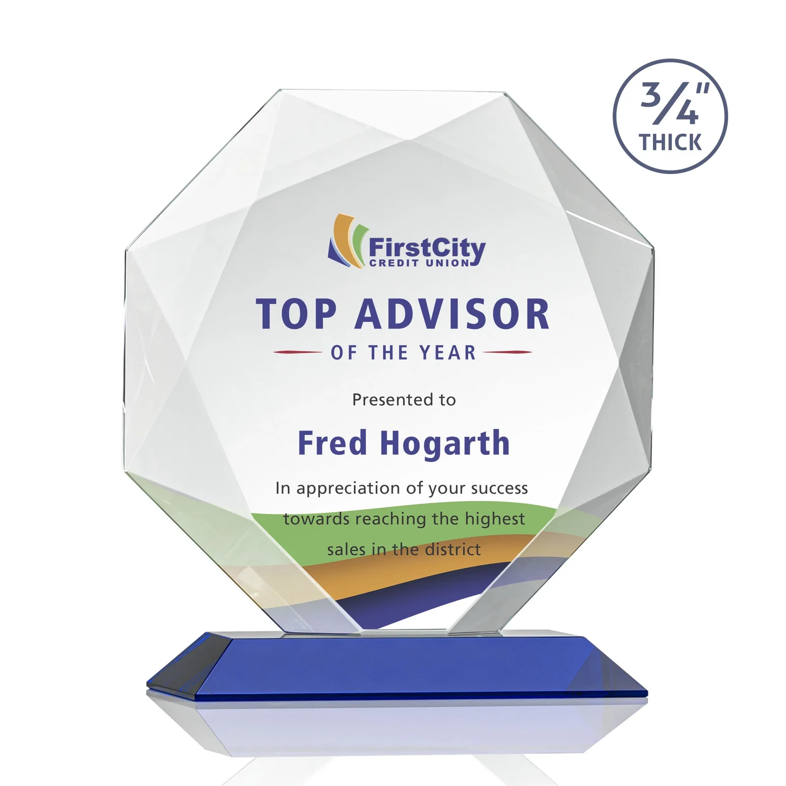Custom printed Starfire Crystal Octagon Award With Recessed Diamond-Pattern Bevels for company anniversary events