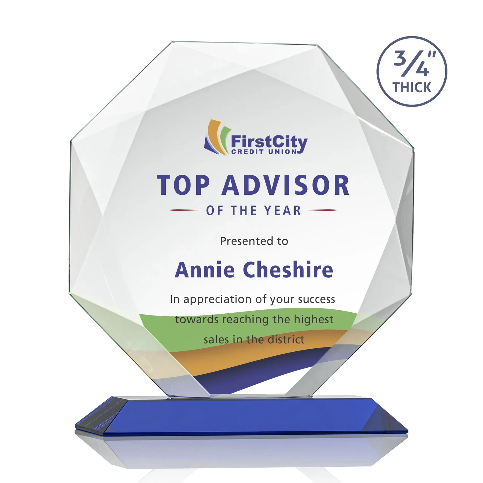 Customized Starfire Crystal Octagon Award With Recessed Diamond-Pattern Bevels for employee recognition
