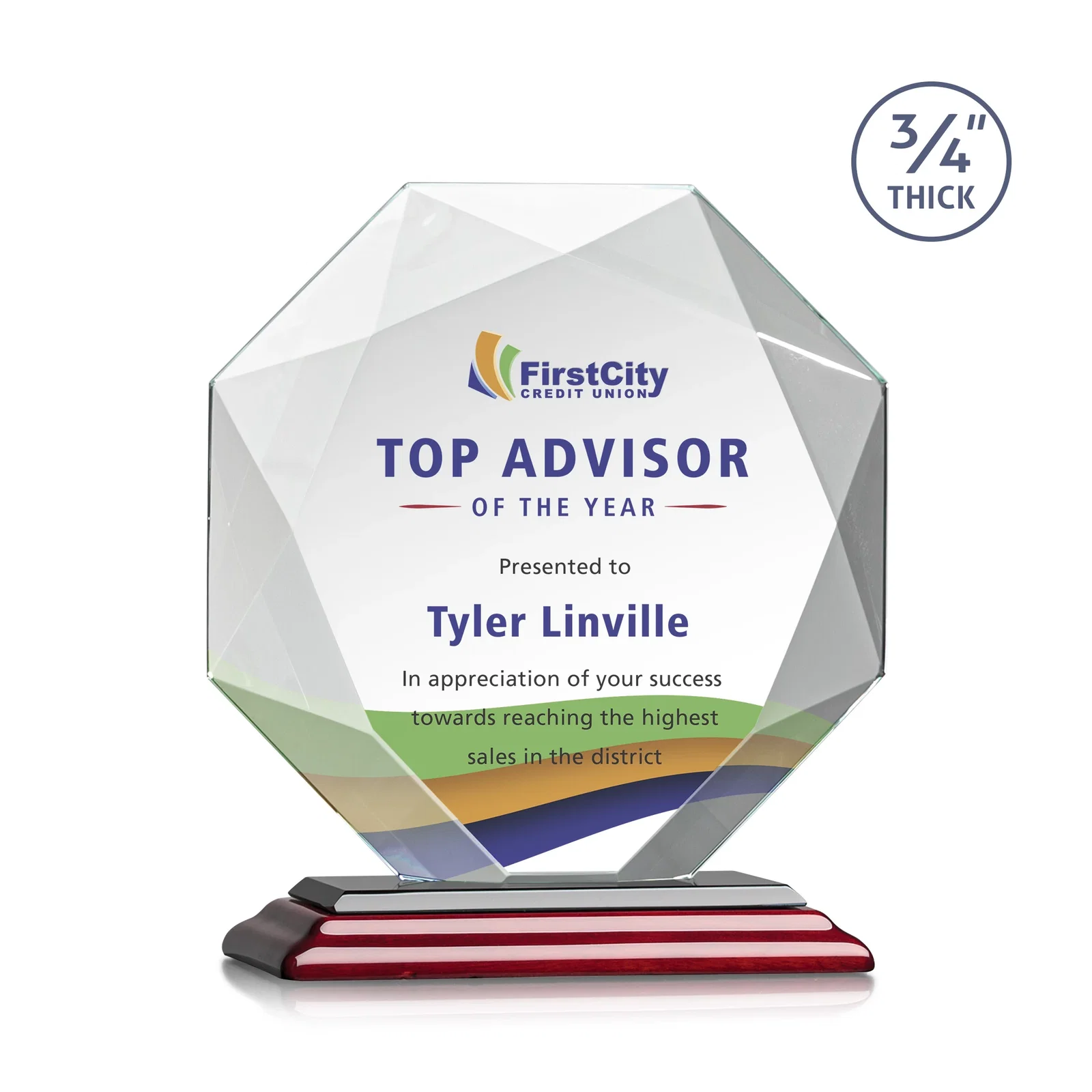 Customized Starfire Crystal Octagon Award With Recessed Diamond-Pattern Bevels for service anniversary gifts