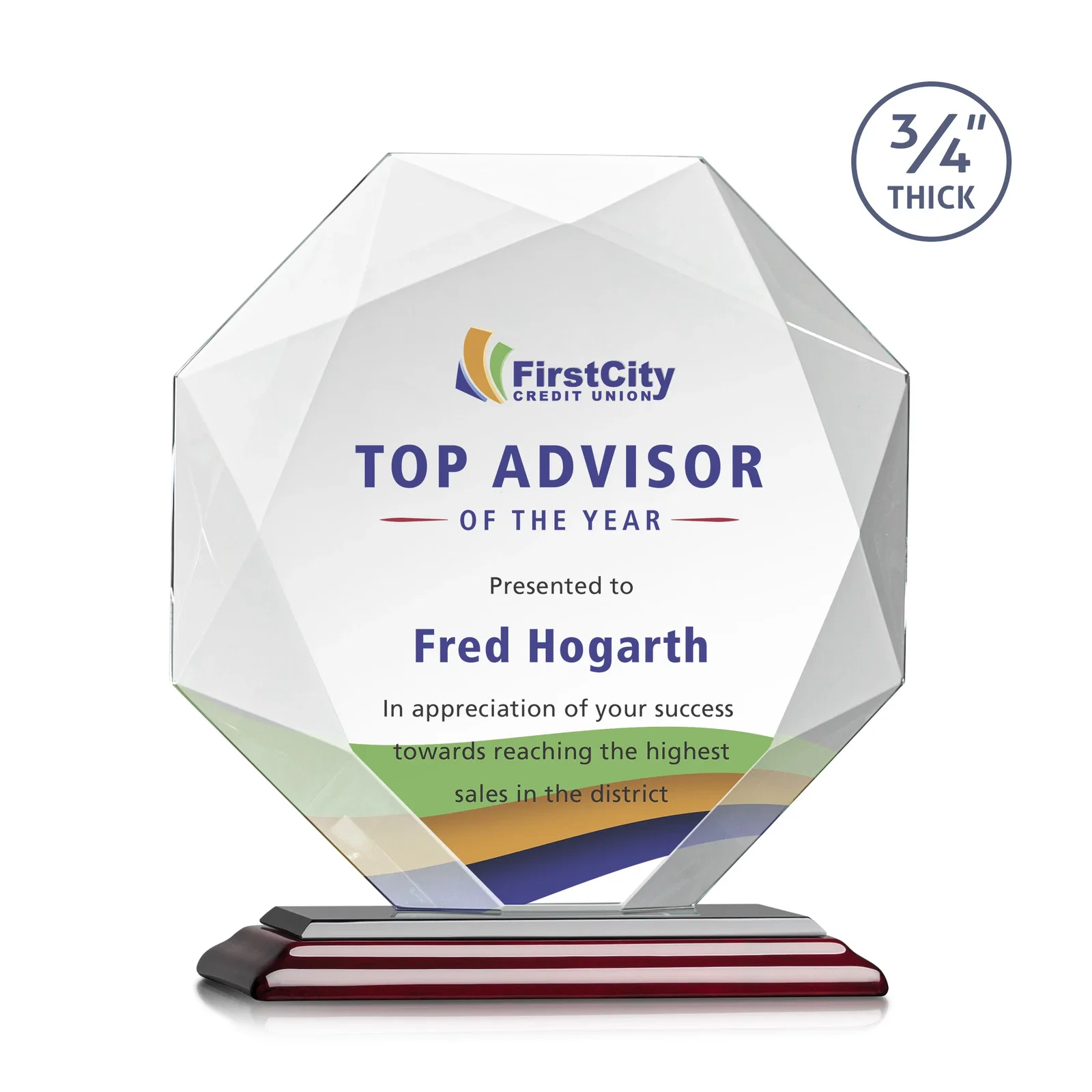 Customized Starfire Crystal Octagon Award With Recessed Diamond-Pattern Bevels for sales achievement awards