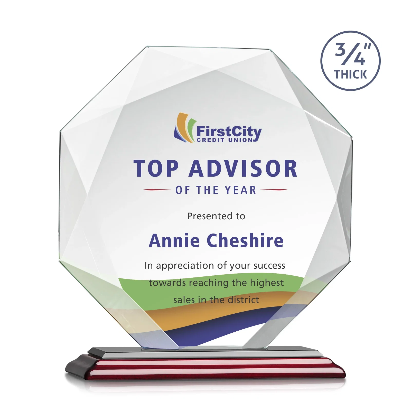 Customized Starfire Crystal Octagon Award With Recessed Diamond-Pattern Bevels for retirement presentations