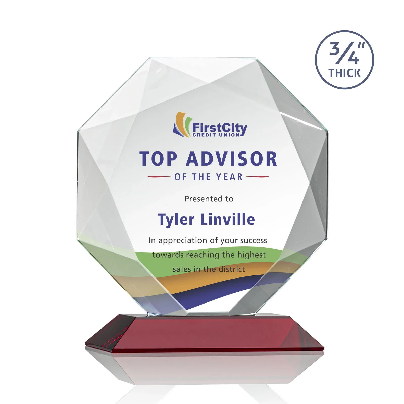 Customized Starfire Crystal Octagon Award With Recessed Diamond-Pattern Bevels for donor appreciation