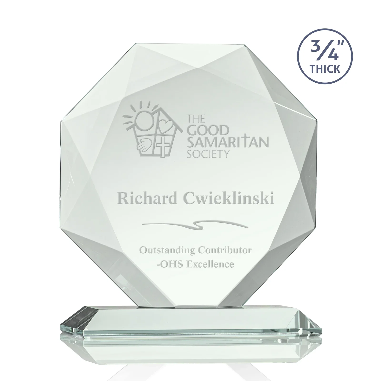 Custom Starfire Crystal Octagon Award With Recessed Diamond-Pattern Bevels for donor appreciation