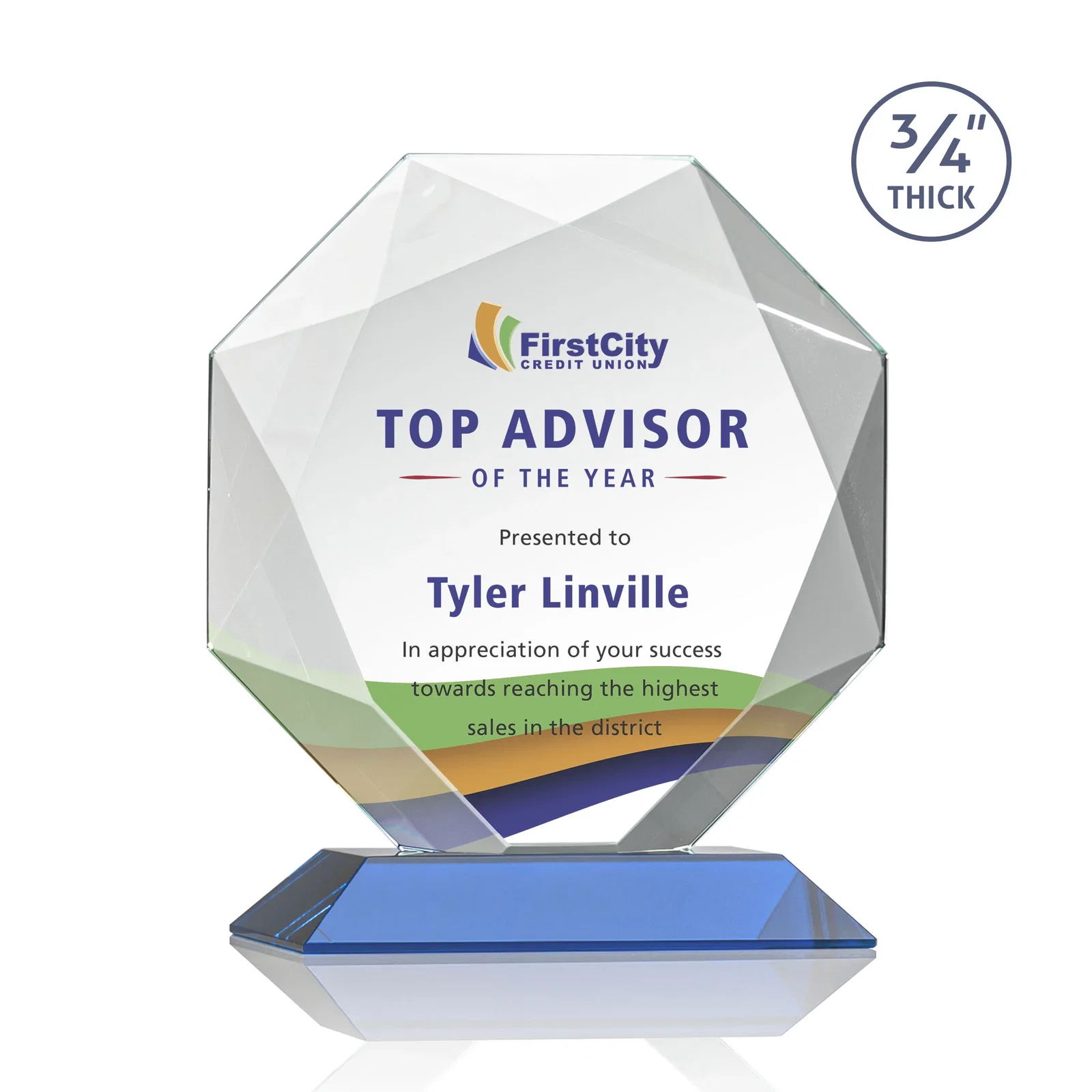 Customized Starfire Crystal Octagon Award With Recessed Diamond-Pattern Bevels for dealer and partner awards