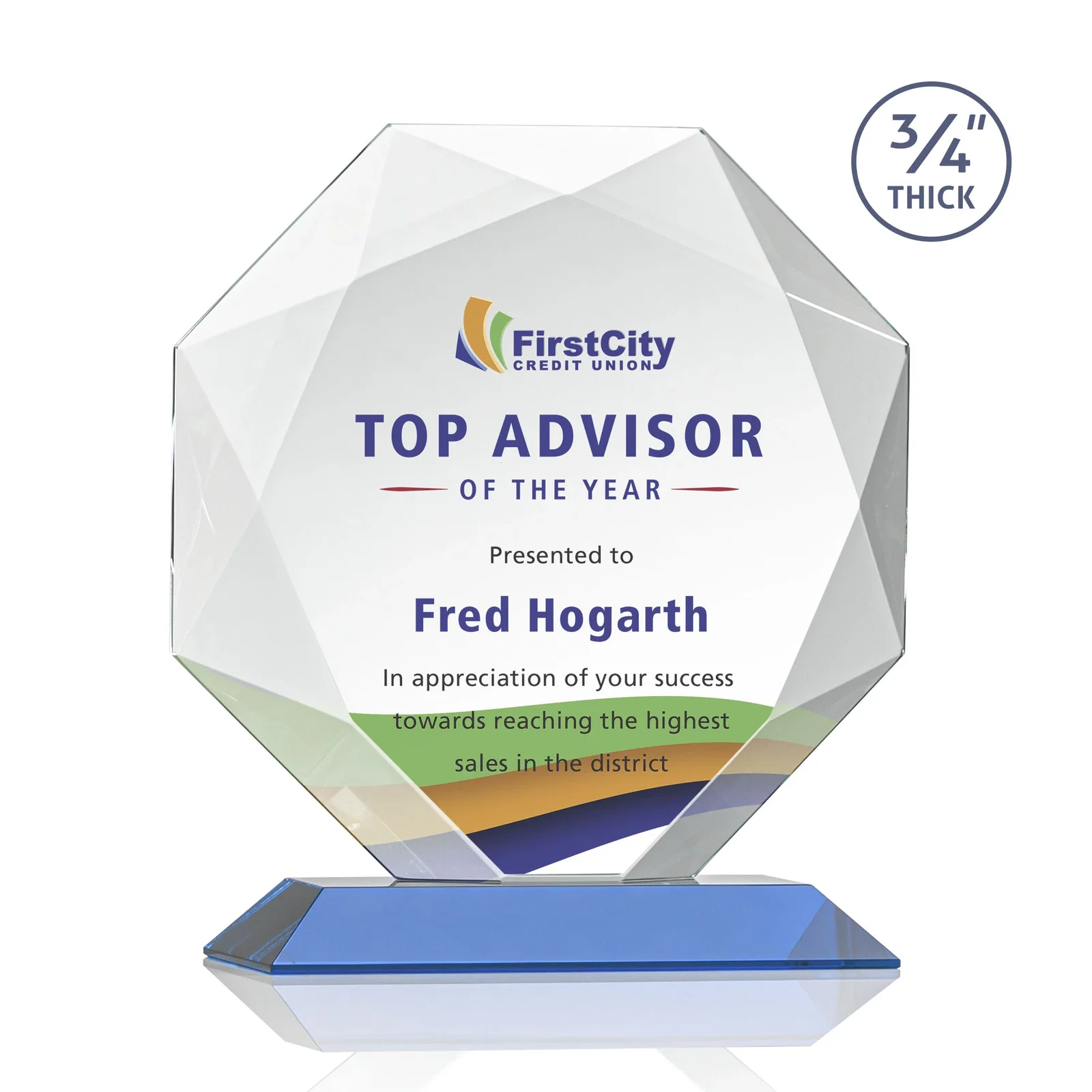 Customized Starfire Crystal Octagon Award With Recessed Diamond-Pattern Bevels for company anniversary events