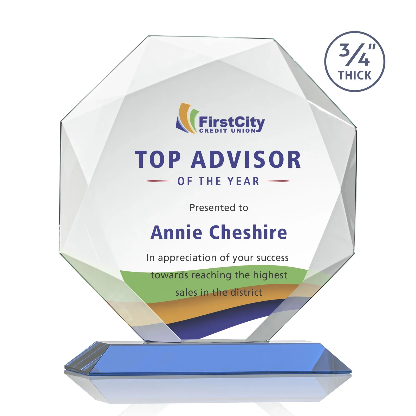 Custom engraved Starfire Crystal Octagon Award With Recessed Diamond-Pattern Bevels for employee recognition