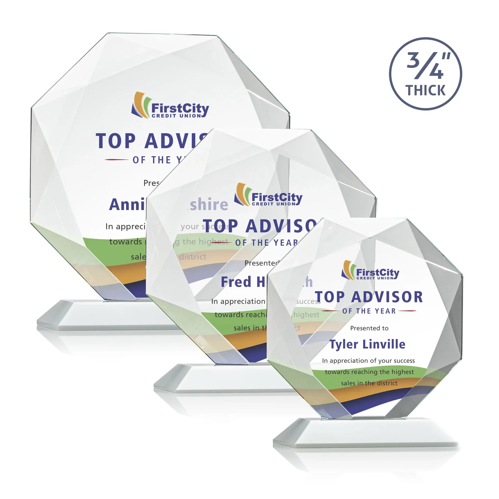 Custom engraved Starfire Crystal Octagon Award With Recessed Diamond-Pattern Bevels for corporate award ceremonies