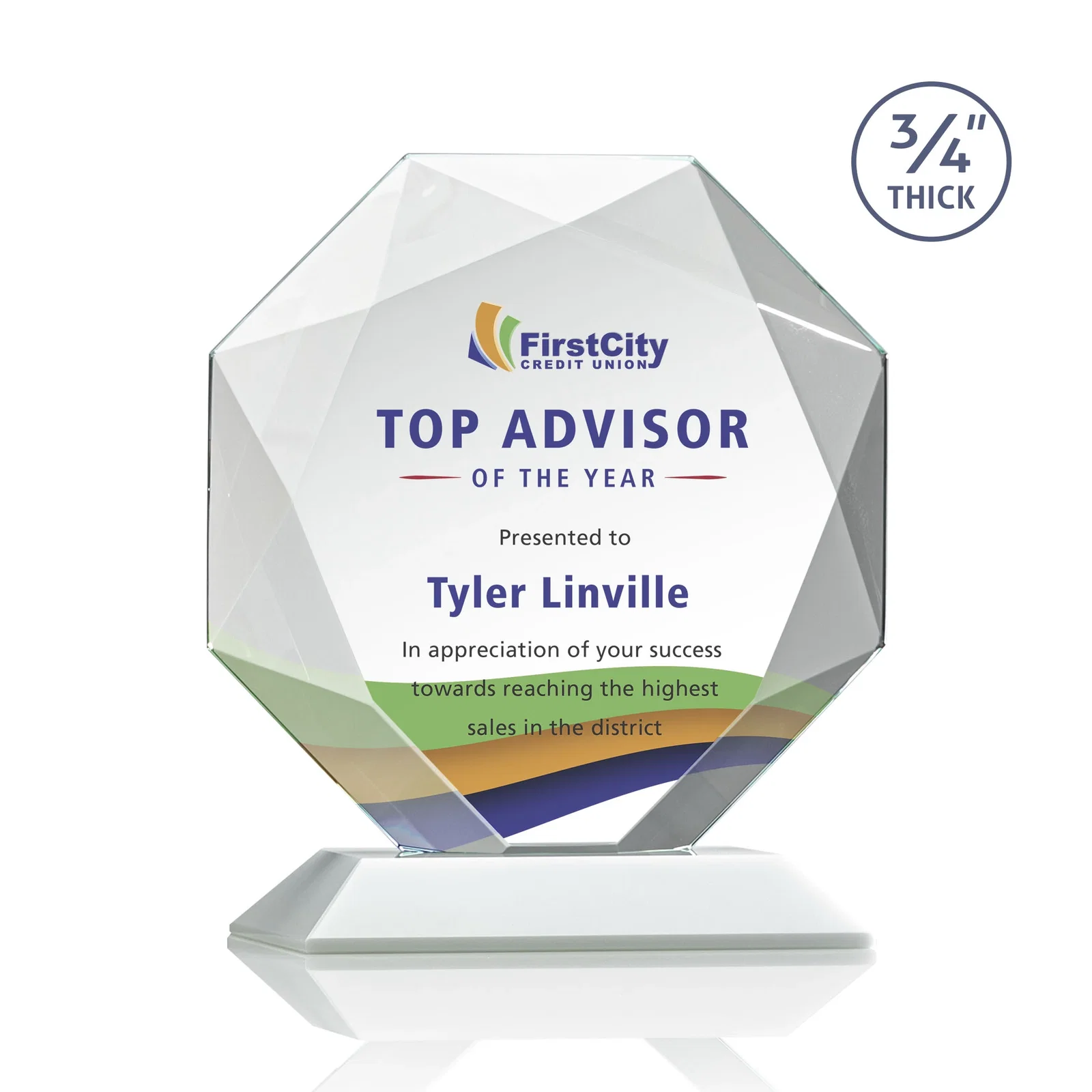 Custom engraved Starfire Crystal Octagon Award With Recessed Diamond-Pattern Bevels for service anniversary gifts