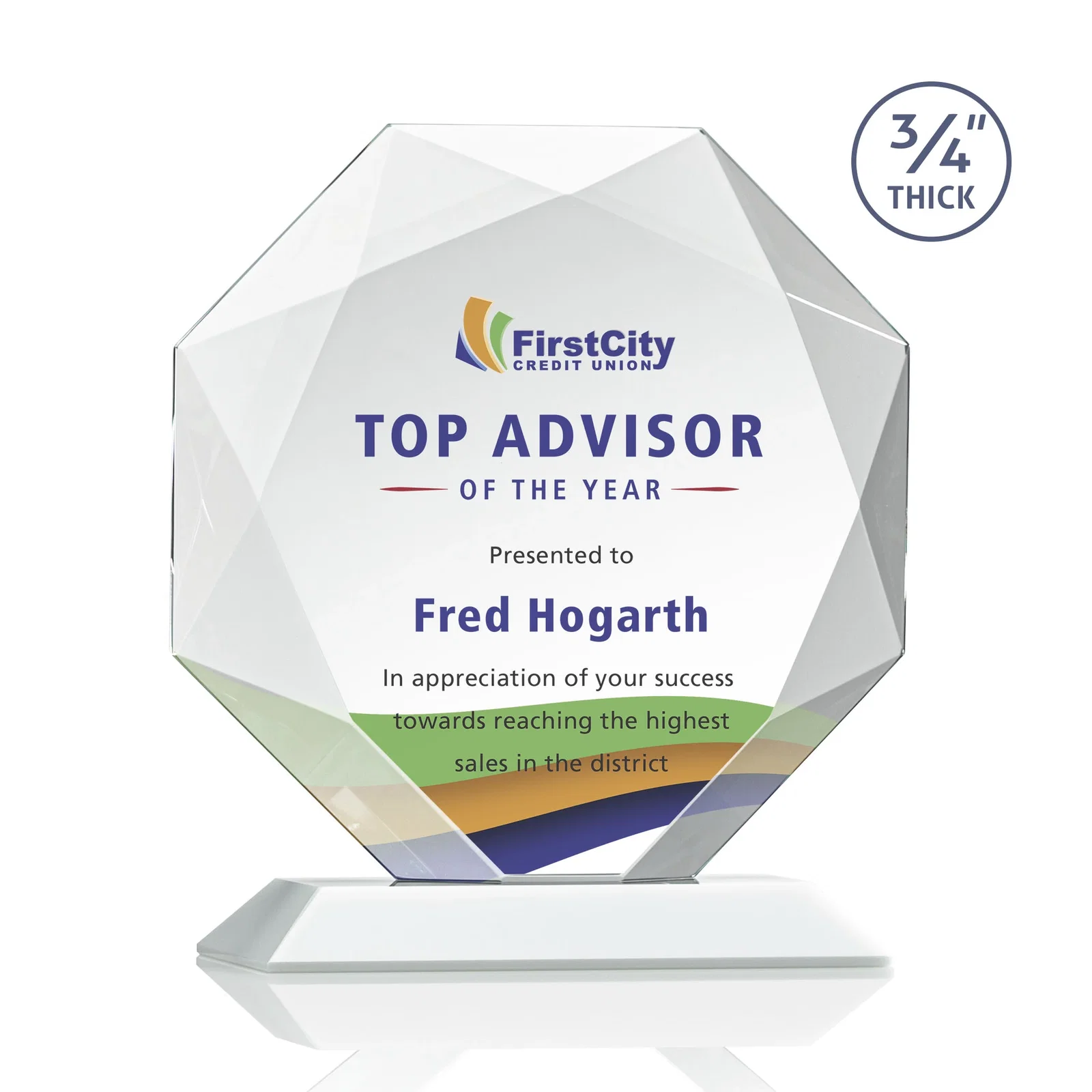 Custom engraved Starfire Crystal Octagon Award With Recessed Diamond-Pattern Bevels for sales achievement awards