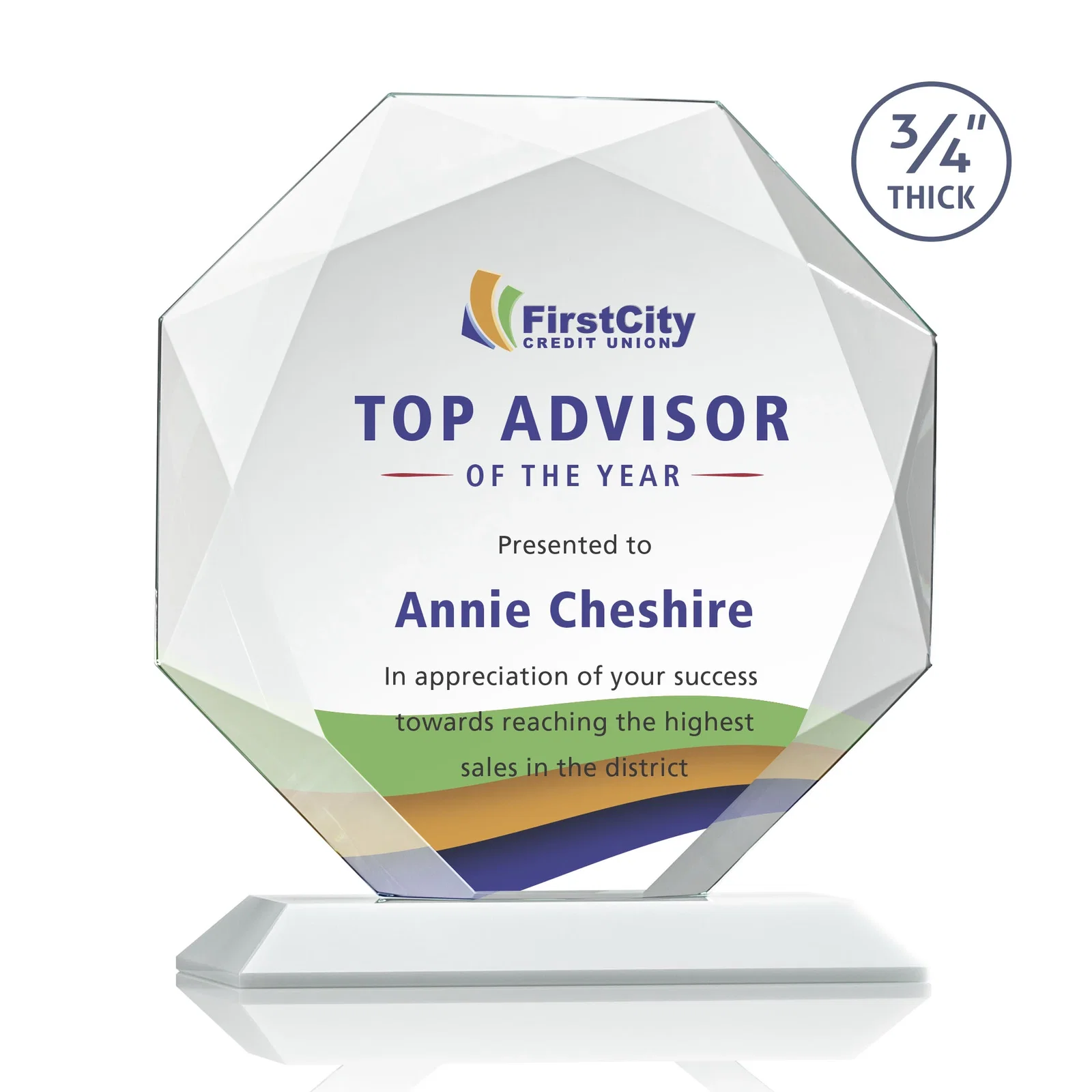 Custom engraved Starfire Crystal Octagon Award With Recessed Diamond-Pattern Bevels for retirement presentations