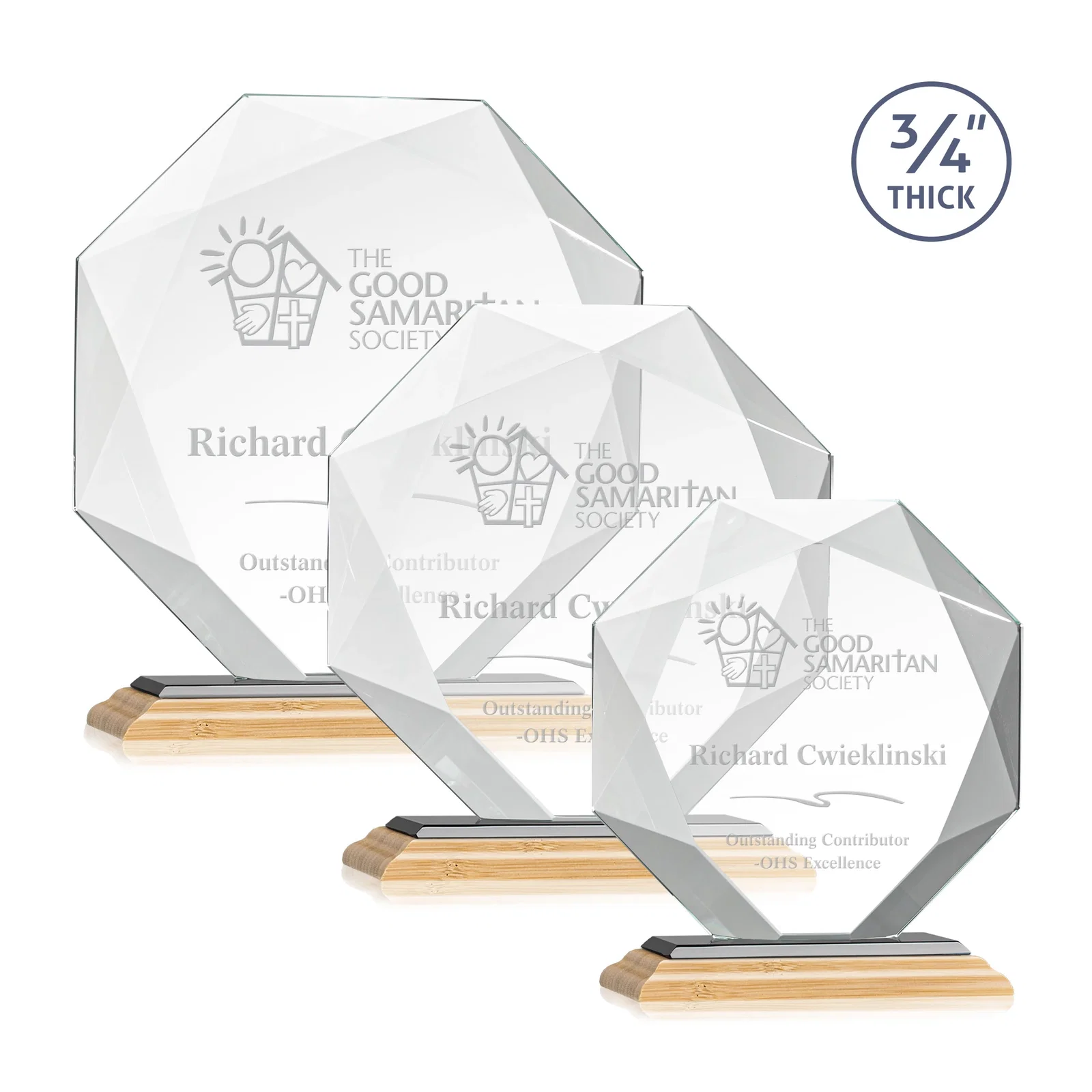 Custom engraved Starfire Crystal Octagon Award With Recessed Diamond-Pattern Bevels for team milestone celebrations