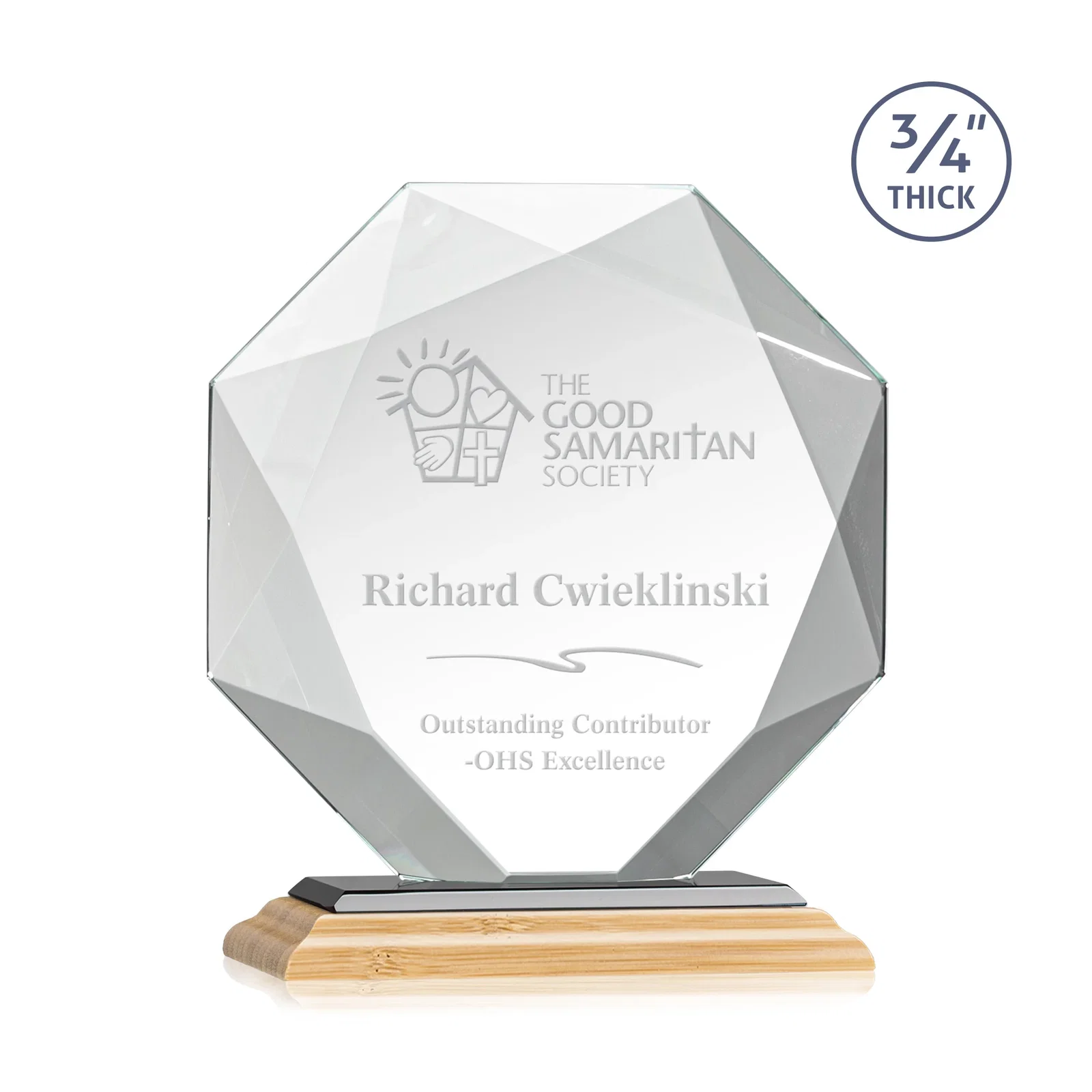 Custom engraved Starfire Crystal Octagon Award With Recessed Diamond-Pattern Bevels for donor appreciation