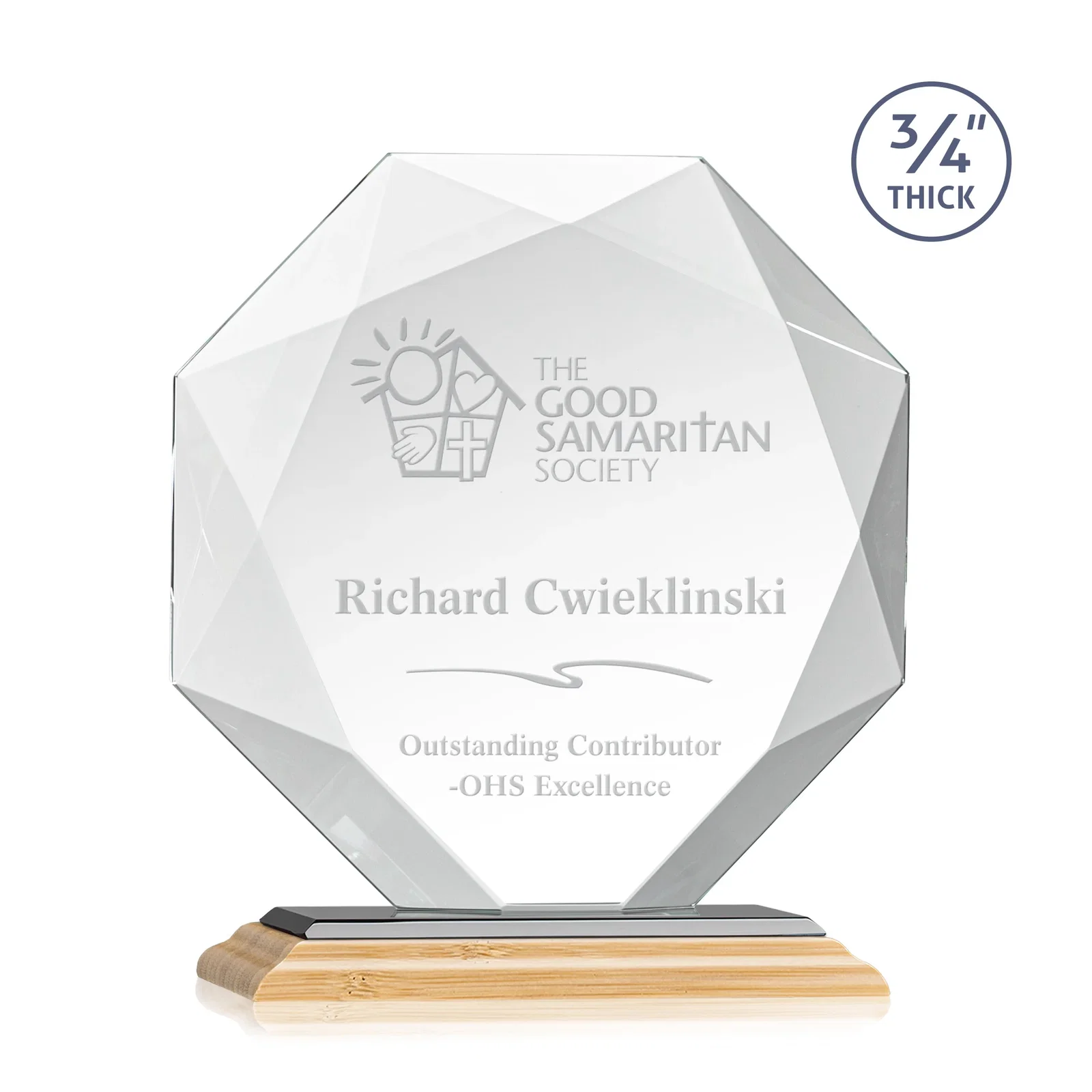 Custom engraved Starfire Crystal Octagon Award With Recessed Diamond-Pattern Bevels for graduation ceremonies