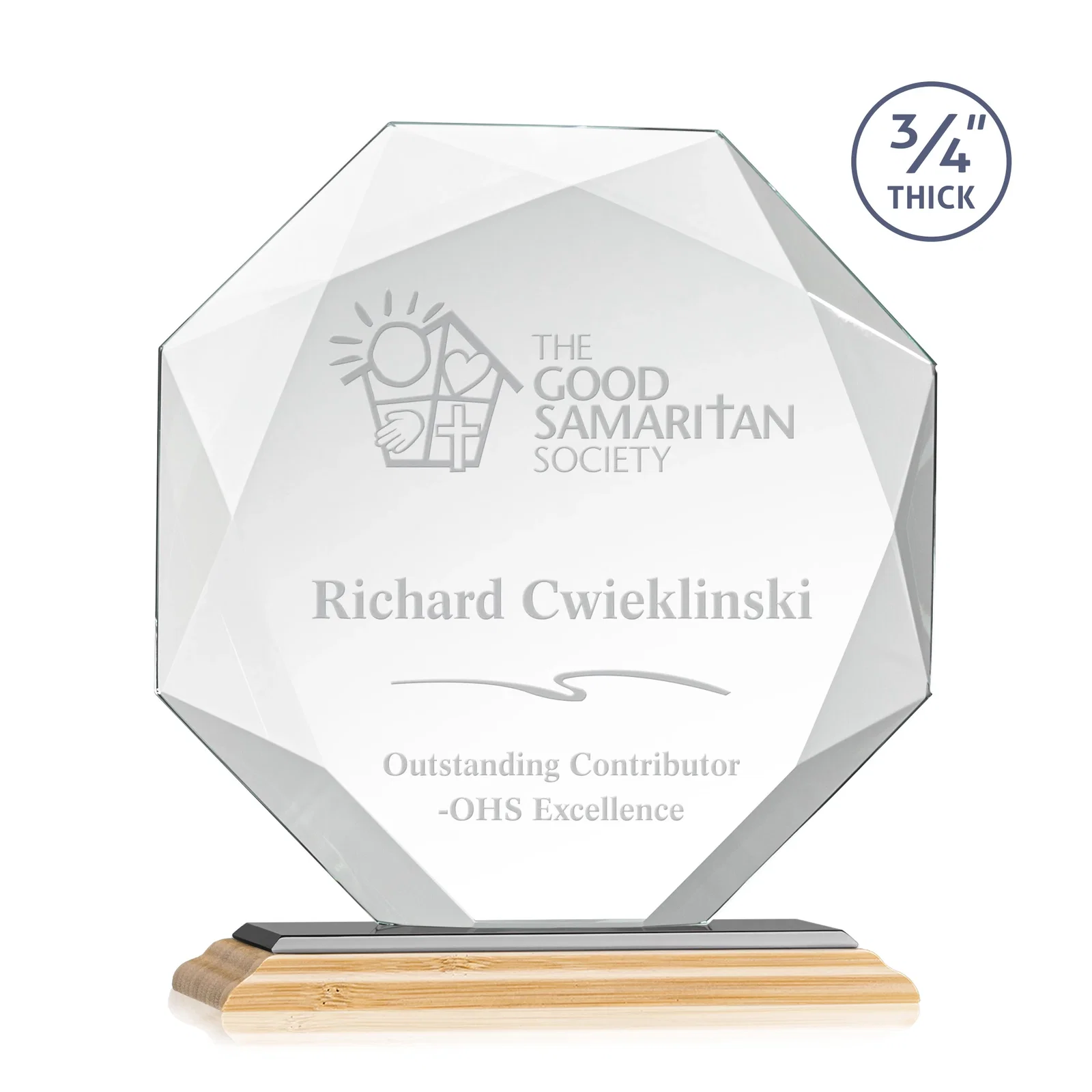 Custom engraved Starfire Crystal Octagon Award With Recessed Diamond-Pattern Bevels for safety achievement programs